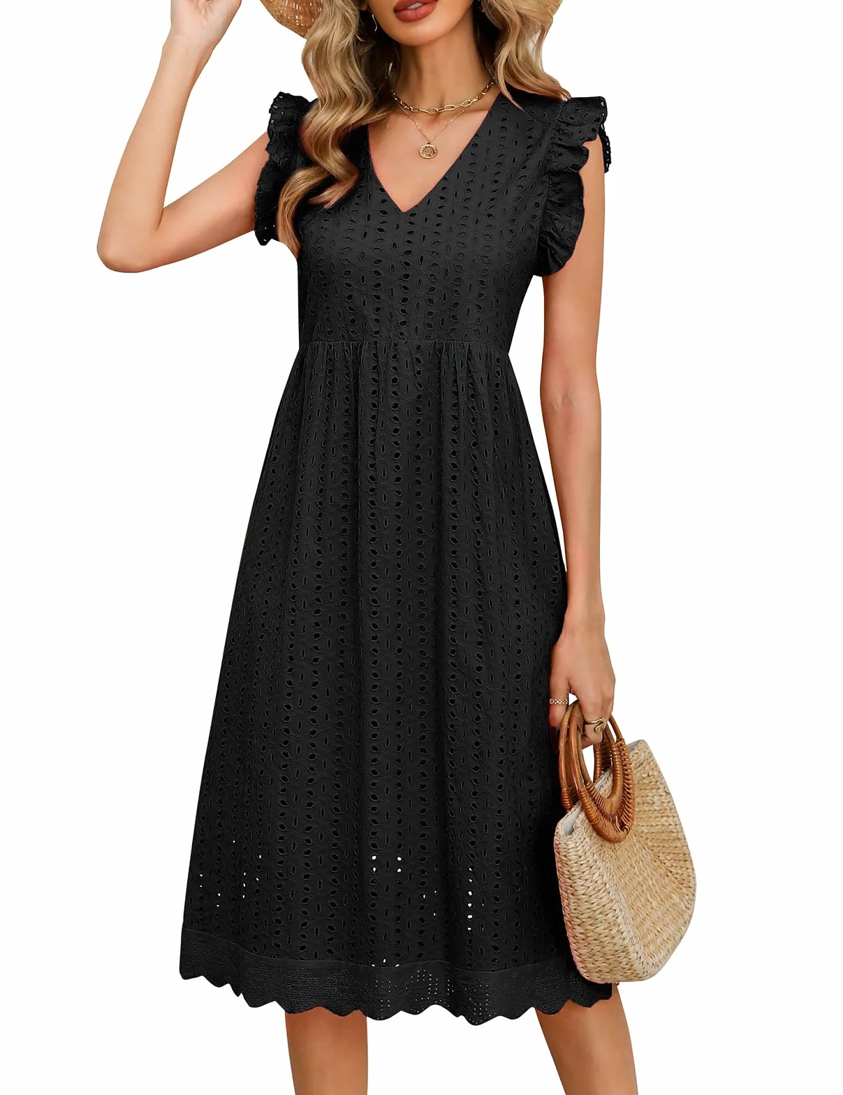 UMIPUBO Letnie sukienki damskie bawełna dekolt w serek midi sukienka bez rękawów z kieszeniami eleganckie boho sukienka plażowa na co dzień jednolite kolory letnie sukienki