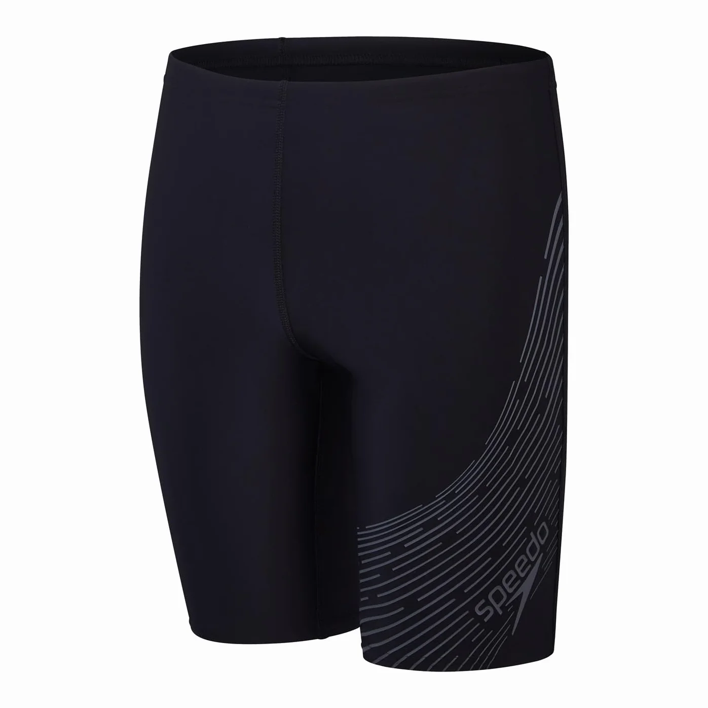 Speedo Jammer z logo Boy's Medley, trening pływania dla dzieci, tkanina techniczna, atletyczny design jammer (1 opakowanie), Czarny/węgiel amerykański, 11-12 lat