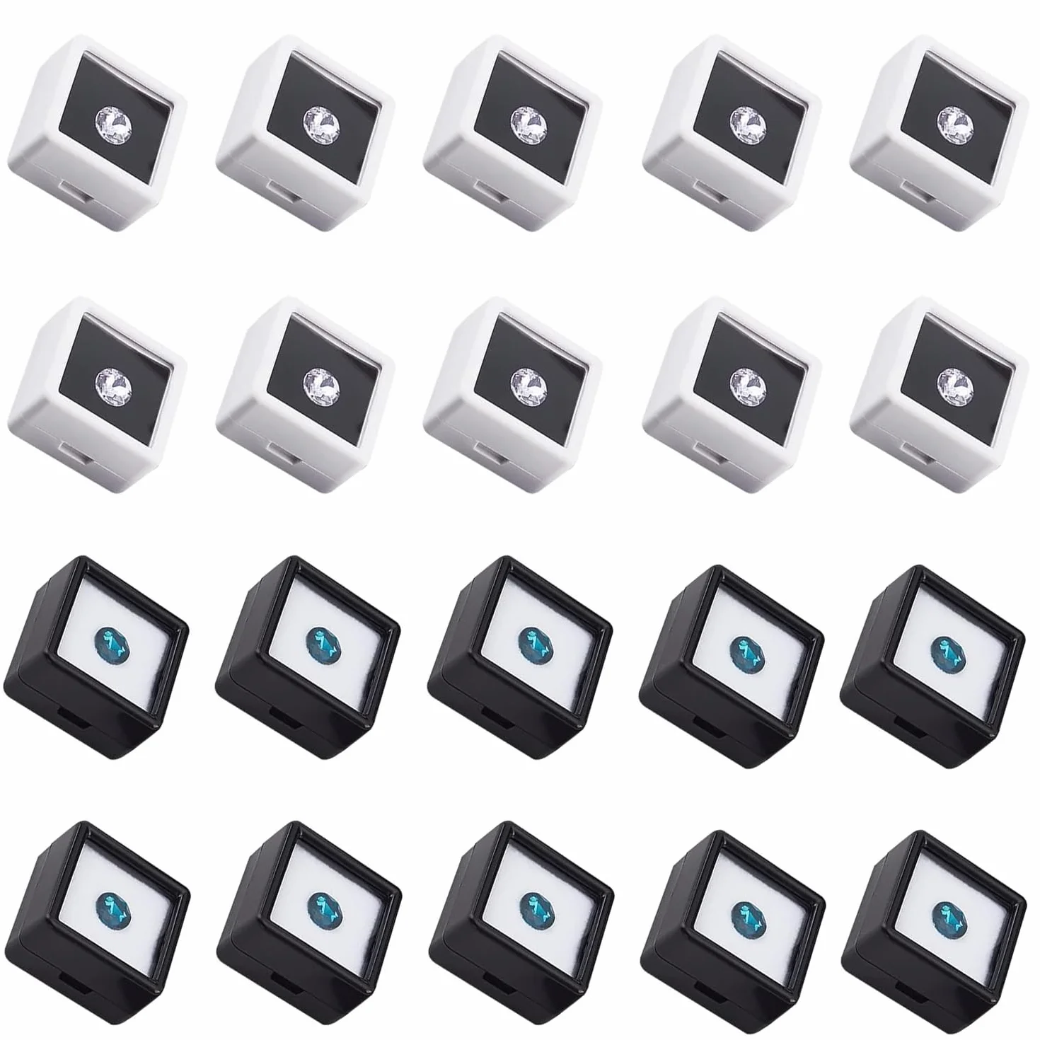 20 sztuk 3x3 cm pudełka na kamienie szlachetne, akrylowe szkatułki na biżuterię z przezroczystą pokrywką i gąbką wewnątrz, czarno-biała szkatułka ekspozycyjna, do kamieni szlachetnych
