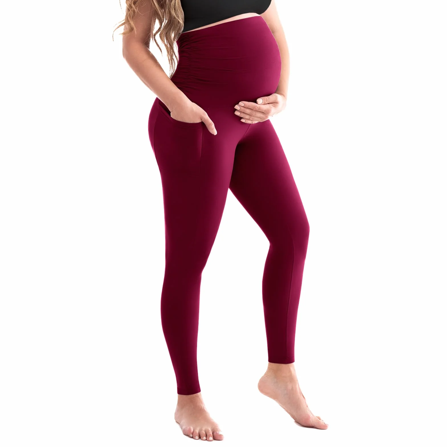 SINOPHANT Damskie legginsy ciążowe z wysoką talią, spodnie ciążowe z kieszeniami, nieprzezroczyste legginsy ciążowe, miękkie, elastyczne, moda ciążowa, do domu, jogi
