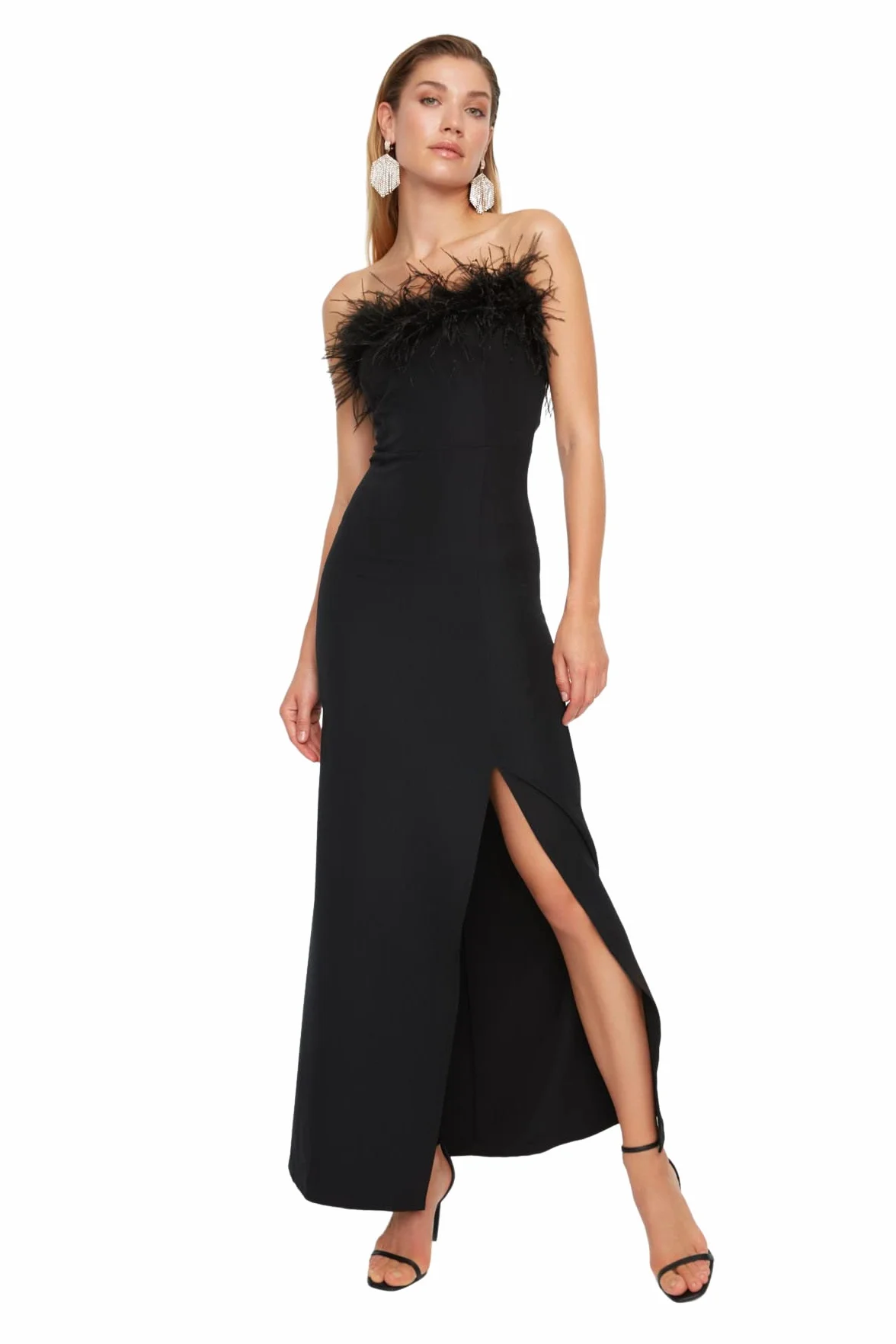 Trendyol Damska sukienka wieczorowa maxi bodycon dopasowana tkana, Czarny, 62