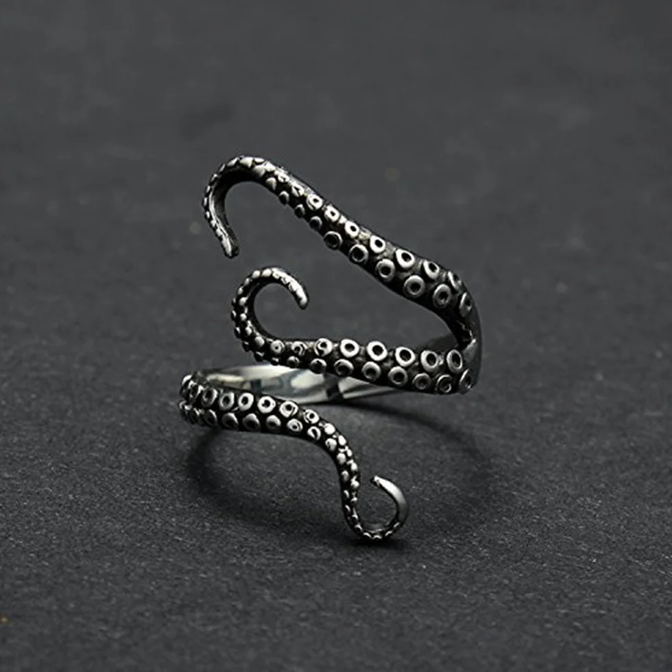 BODYA Gotycki punkowy pierścionek z macką ośmiornicy ze stali nierdzewnej Squid Kraken Nyarlathotep rozmiar regulowany