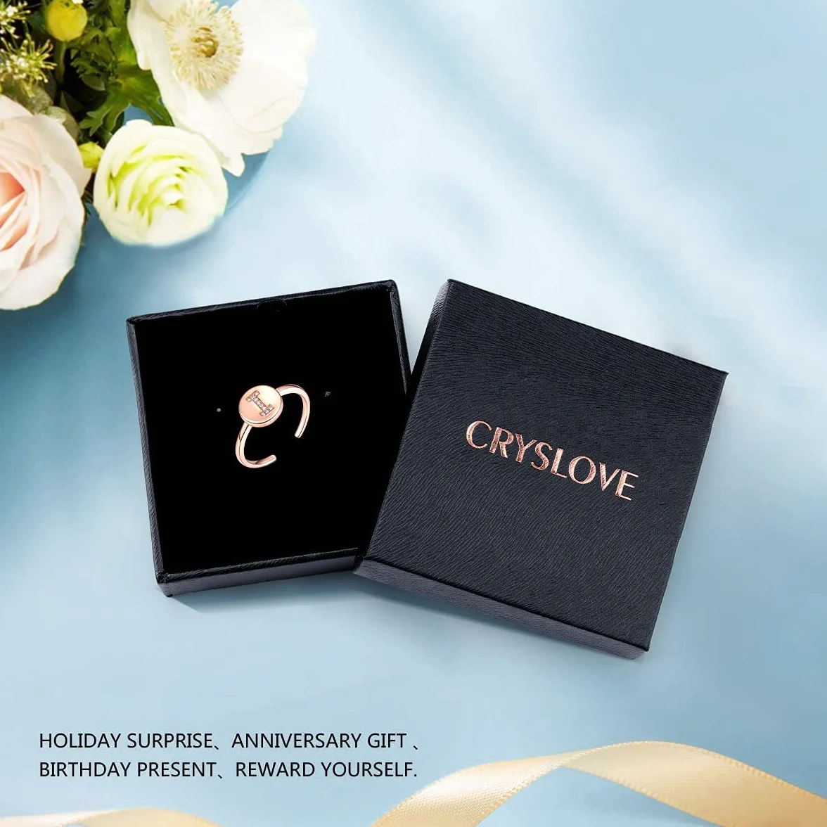 CRYSLOVE Pierścionki z literą, dla kobiet, dziewcząt, srebro wysokiej próby 925, różowe złoto, otwarte, regulowane, inicjały alfabetu A-Z, spersonalizowany pierścionek z pudełkiem na prezent, cyrkonia,