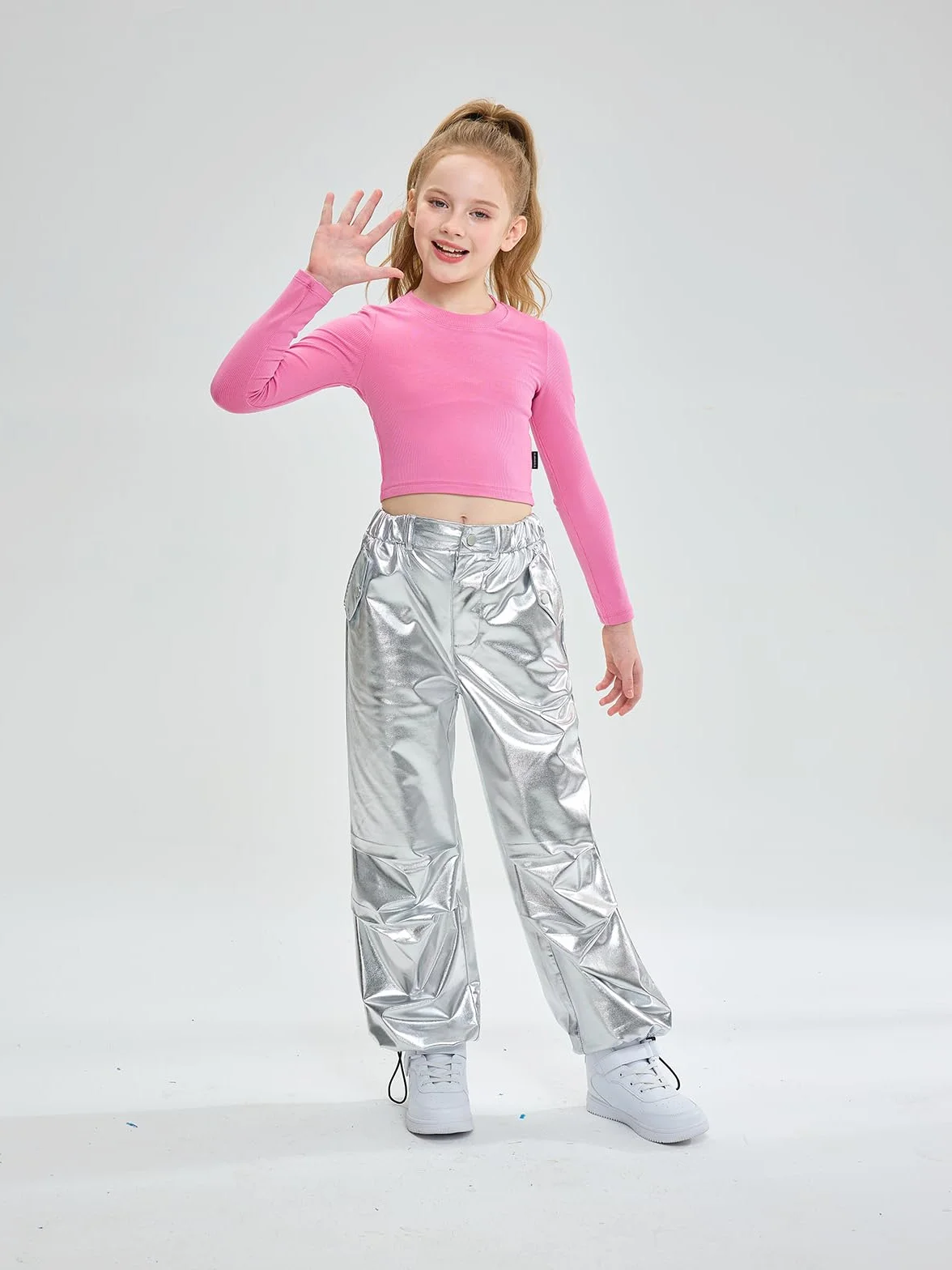 LOLANTA Dziecięce błyszczące metaliczne spodnie do tańca, retro, hip-hop, strój taneczny, luźny krój, bojówki, elastyczna talia, odzież uliczna dla dzieci w wieku 6-13 lat