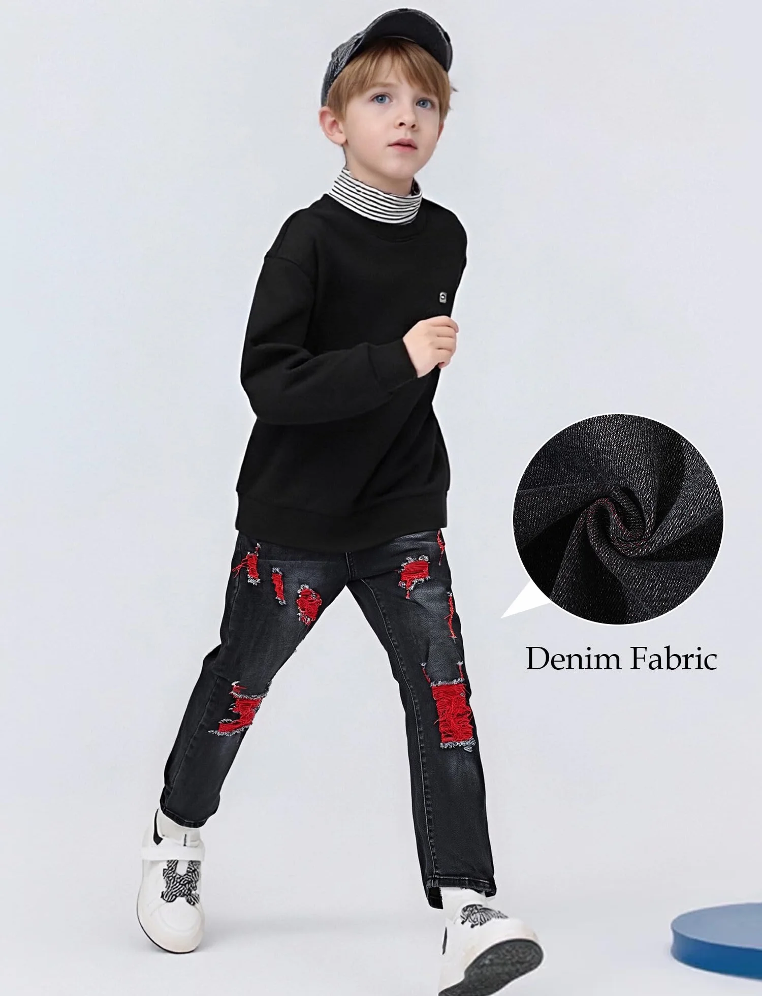 FEOYA Kids Jean Slim Fit prążkowane spodnie dla nastolatków skinny denim, chłopięce spodnie dżinsowe, podarte, elastyczne, dla dzieci, na wiosnę, z gumowym ściągaczem, długie z otworami, 7-16 lat