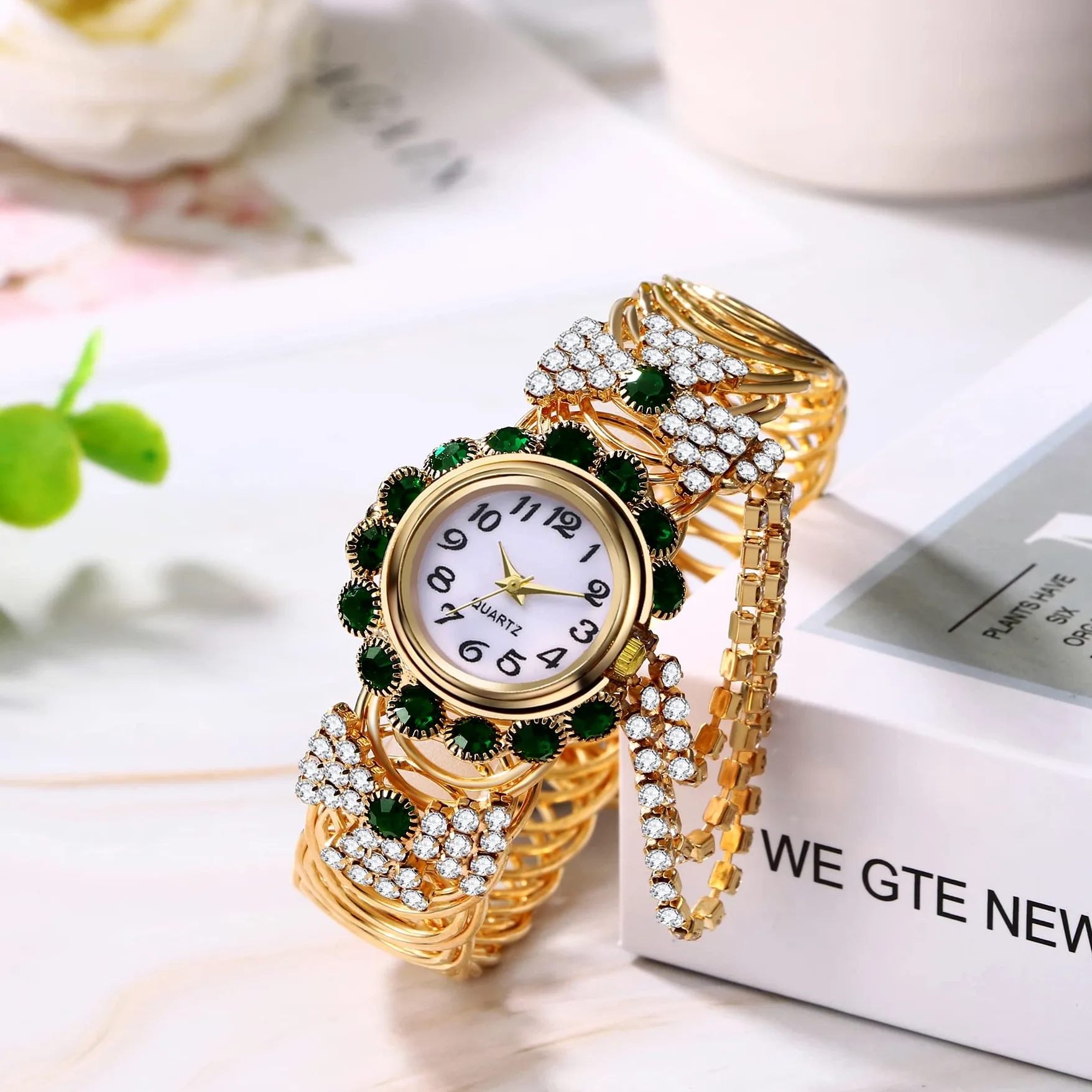 JewelryWe Iced-Out zegarki dla kobiet kolorowe stras złota bransoletka zegarek analogowy kwarcowy błyszczący codzienny zegarek do sukienki, na Dzień Matki
