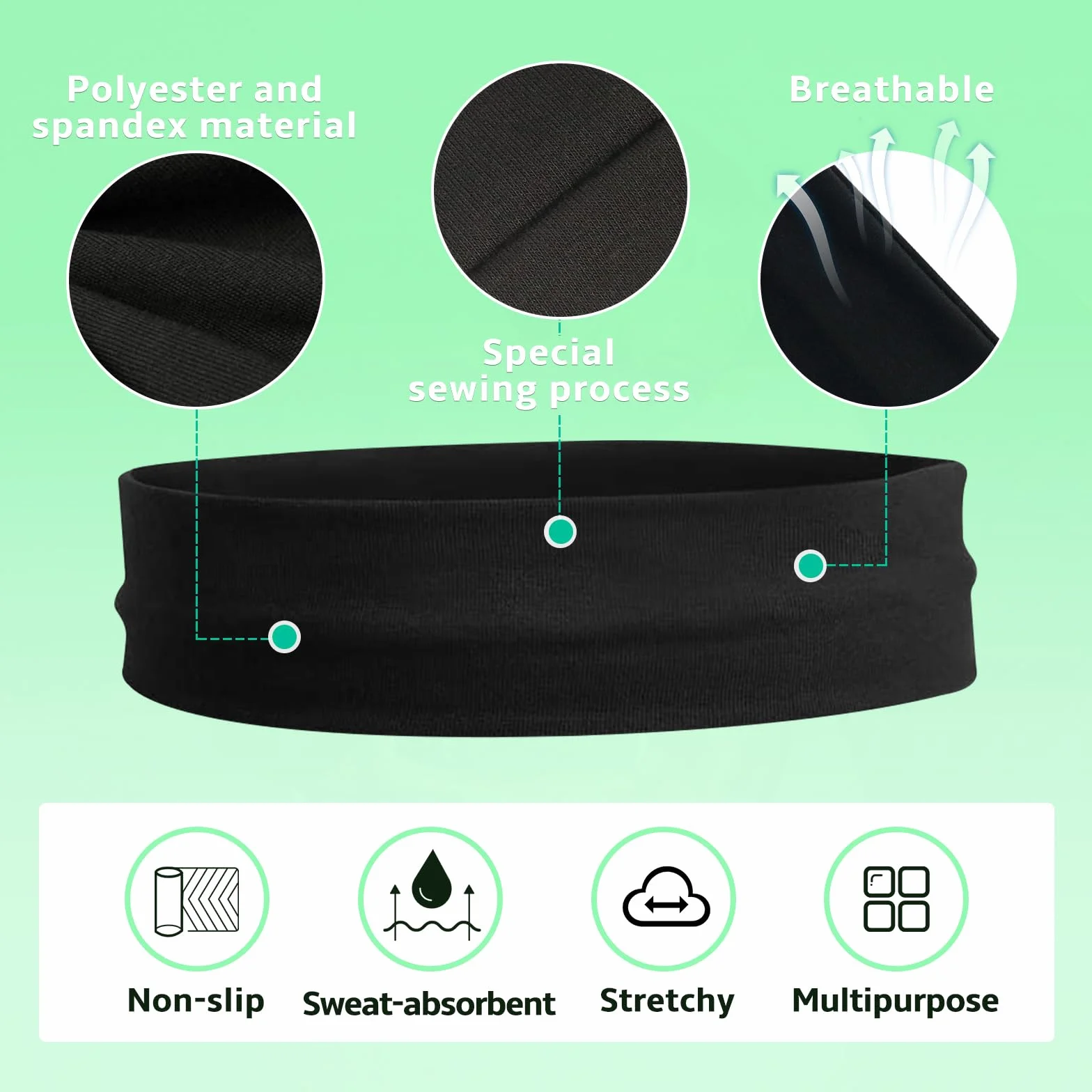 Sularpek Rozciągliwe opaski na głowę z tkaniny o szerokości 7,5 cm, dla kobiet, unisex, oddychające, do makijażu, jogi, biegania, treningu (czarno-szare)