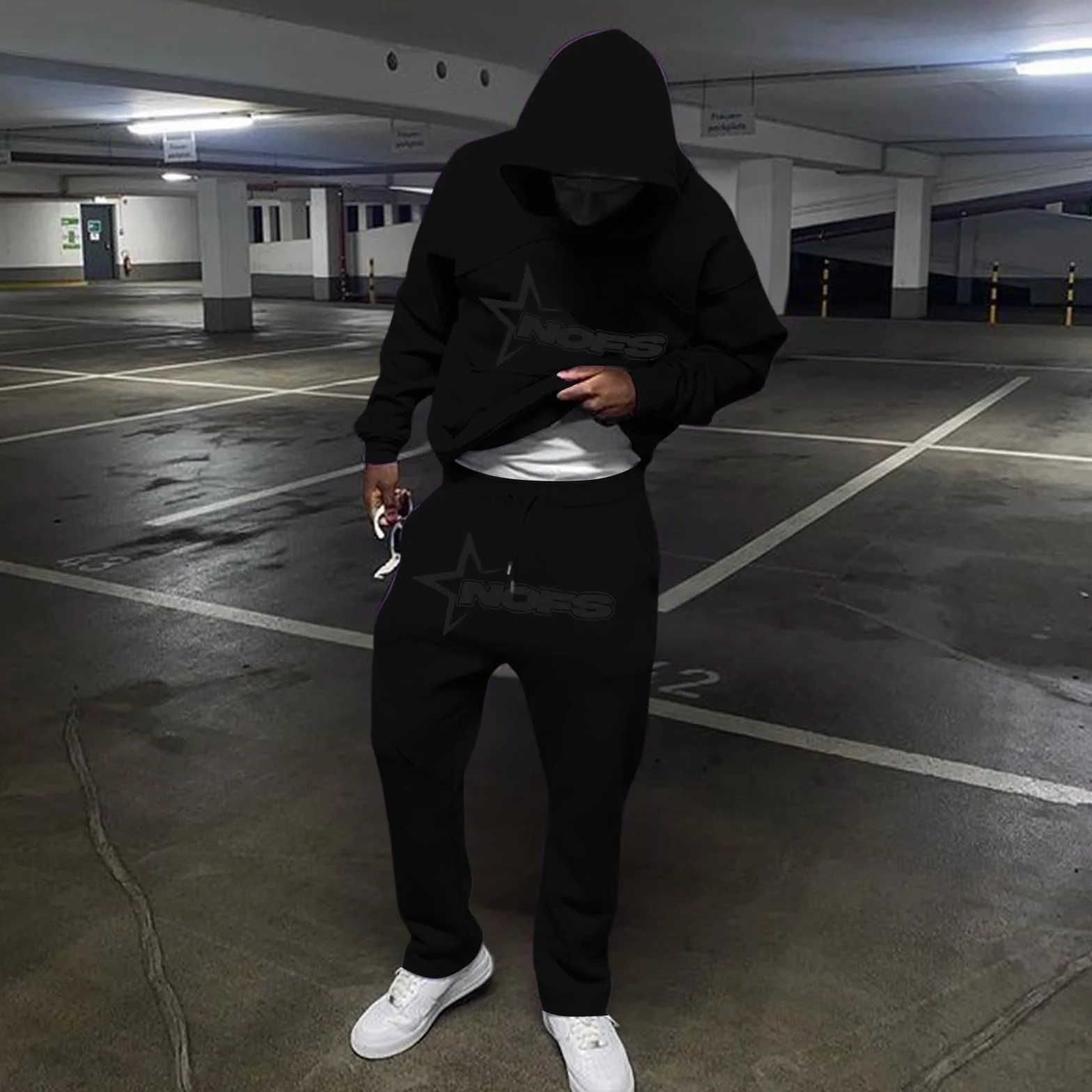 Nofs 2-częściowy męski dres do joggingu, Y2K, bawełniany, bluza sportowa z kapturem Y2K + spodnie Nofs, męski dres sportowy, strój treningowy w stylu Streetwear 2024