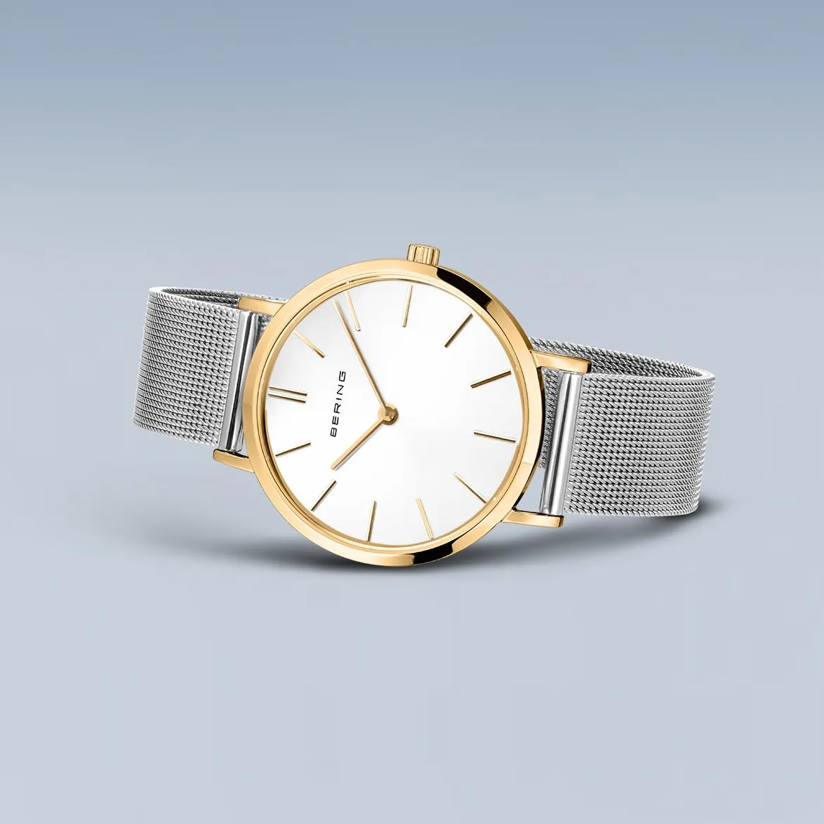BERING Damski zegarek kwarcowy, zegarek na rękę, 34 mm, złota koperta ze stali nierdzewnej i biały cyferblat, bransoleta mediolańska, szkło szafirowe, 3 ATM, 14134-010