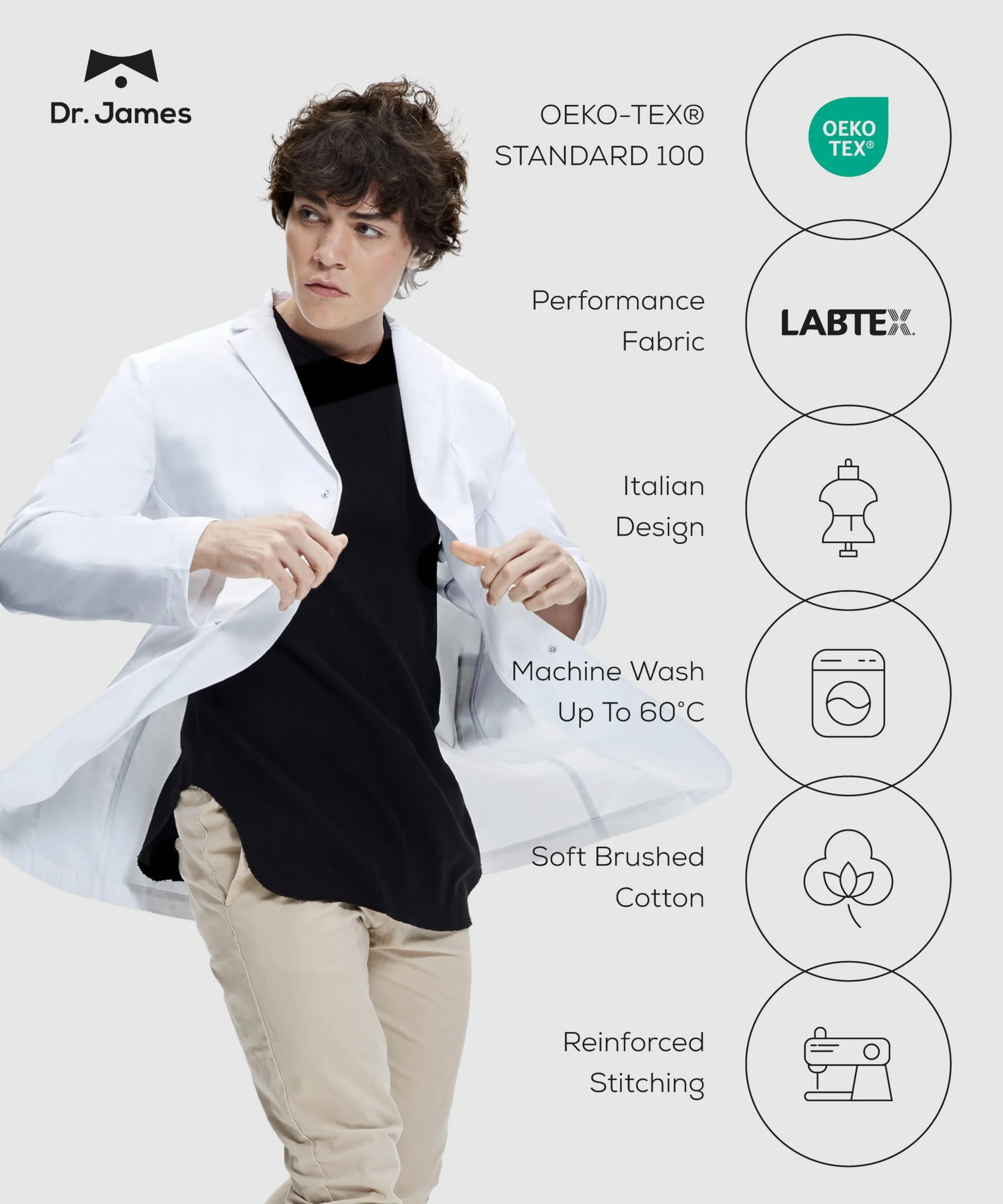 Dr. James Biała bluzka chemia medyczna profesjonalna, kieszenie na smartfona i tablet, klasyczny krój