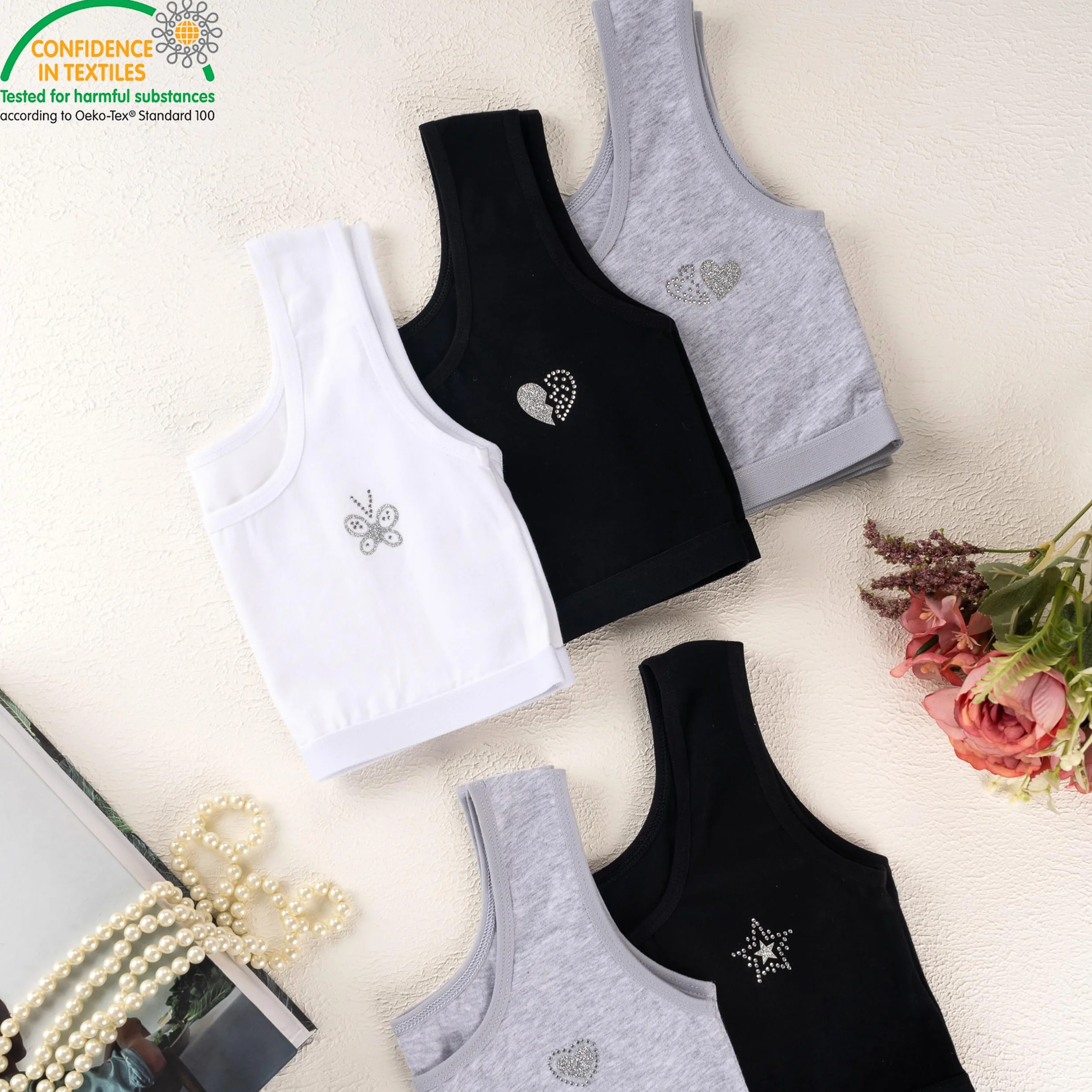 LOREZA ® 5 dziewczęcy biustonosz z bawełny ze strasem ramiączka spaghetti biustonosz sportowy rozmiar 140-170