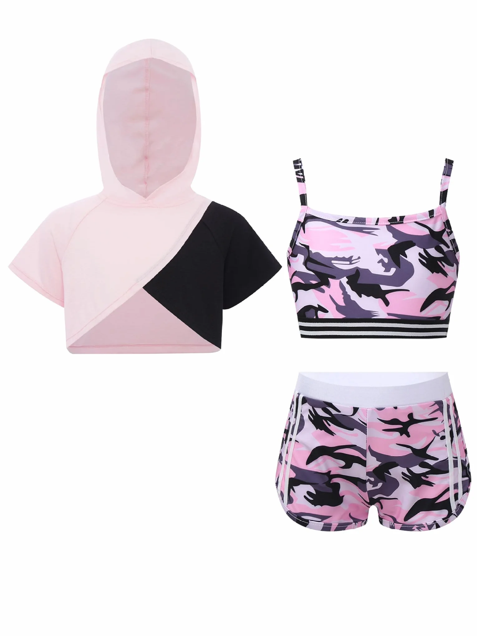 Dziewczęcy dres treningowy, zestaw sportowy z krótkim rękawem, bluza z kapturem, szorty dla dziewcząt, na lato, zestaw do tańca, treningu, biegania