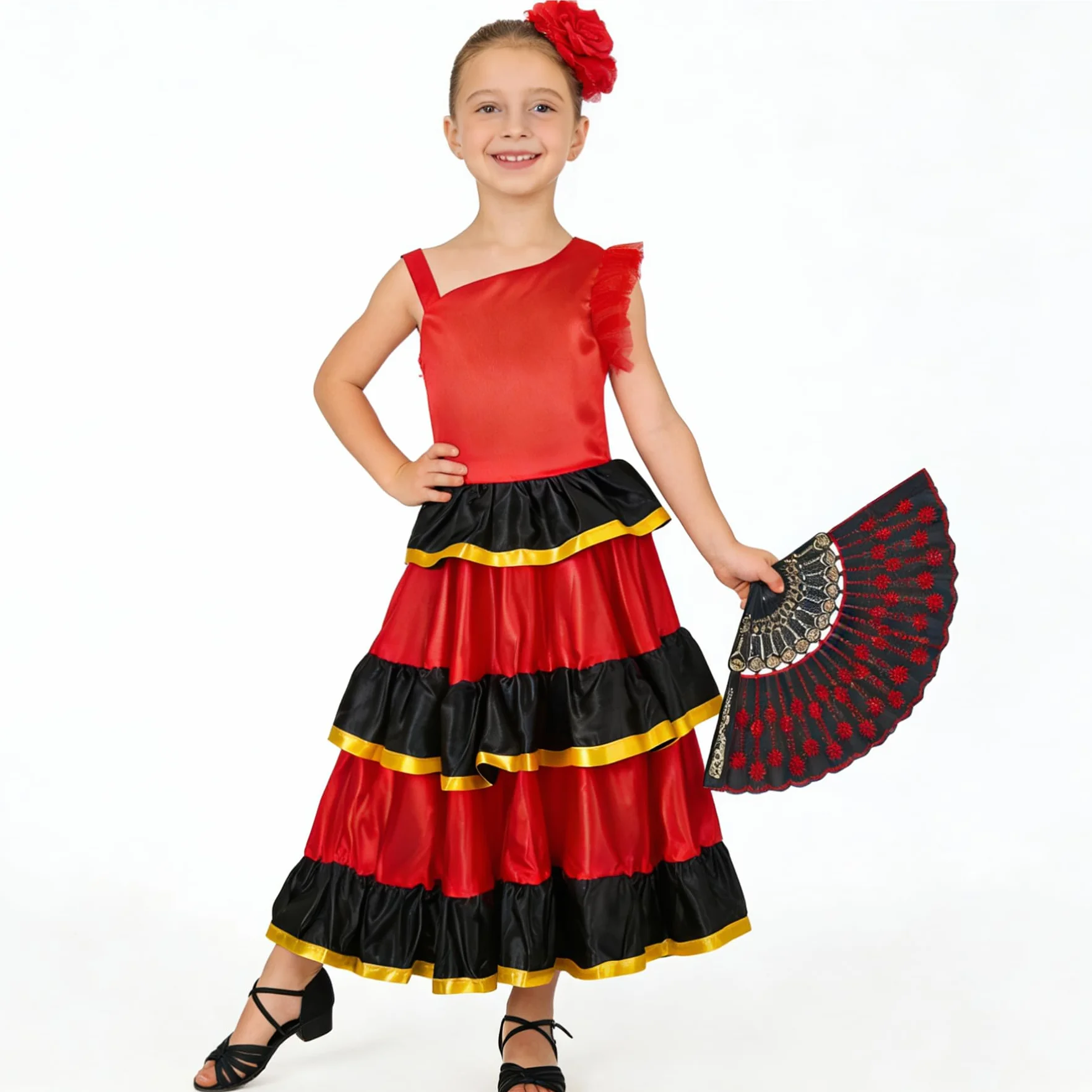 Lolanta Hiszpańska sukienka flamenco z warstwowymi falbankami dla dziewczynek, kostium do tańca w stylu sevillana, z czerwonym kwiatem i składanym wachlarzem, 5-13 lat