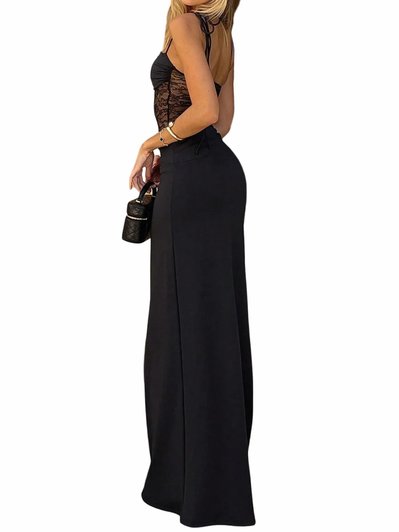 SweatyRocks Sukienka maxi, elegancka, koronkowa, bodycon, sukienka z koronką, sukienka koktajlowa, długa sukienka na ramiączkach, podkreślająca figurę, sukienka imprezowa