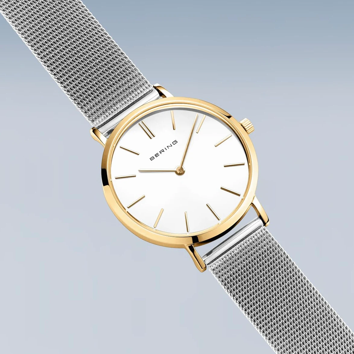 BERING Damski zegarek kwarcowy, zegarek na rękę, 34 mm, złota koperta ze stali nierdzewnej i biały cyferblat, bransoleta mediolańska, szkło szafirowe, 3 ATM, 14134-010