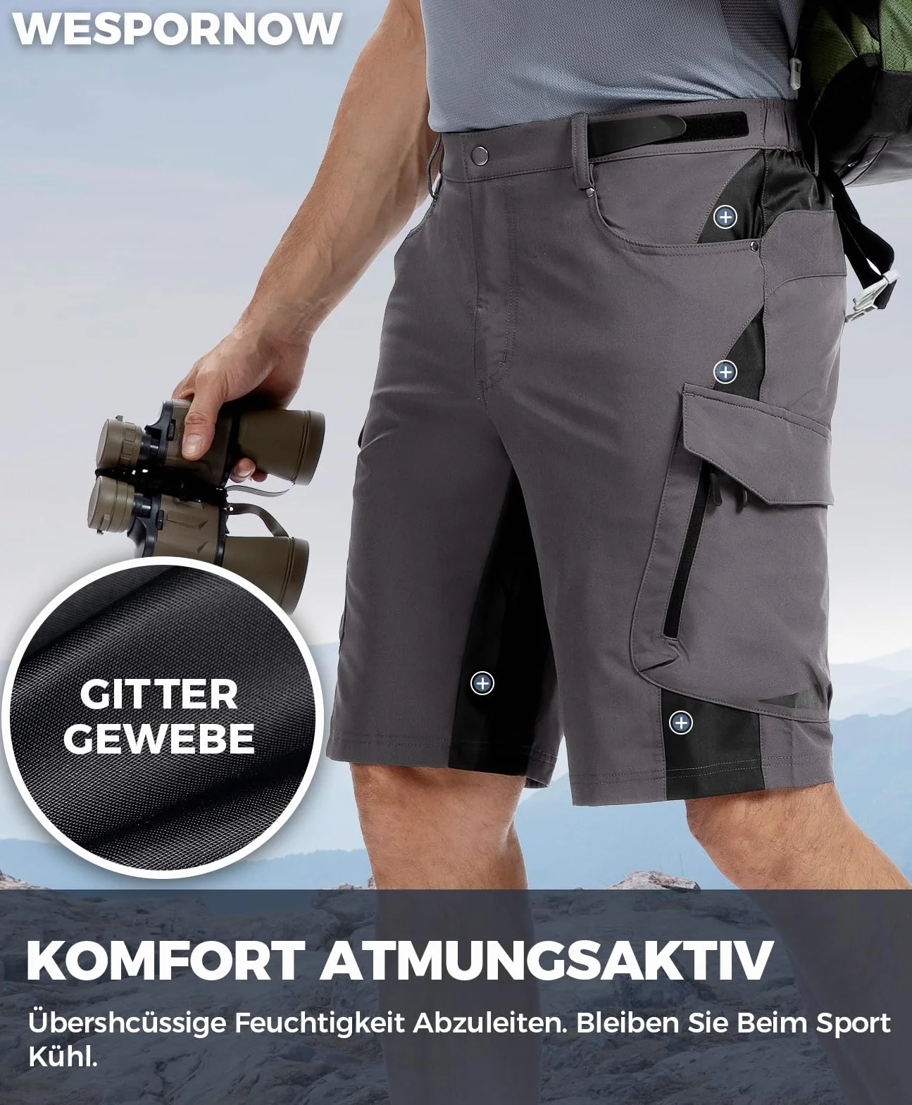 Wespornow Męskie spodenki MTB krótkie szybkoschnące i oddychające spodnie górskie MTB szorty z regulowanymi zapięciami na rzepy elastyczne spodnie rowerowe (szare, L)