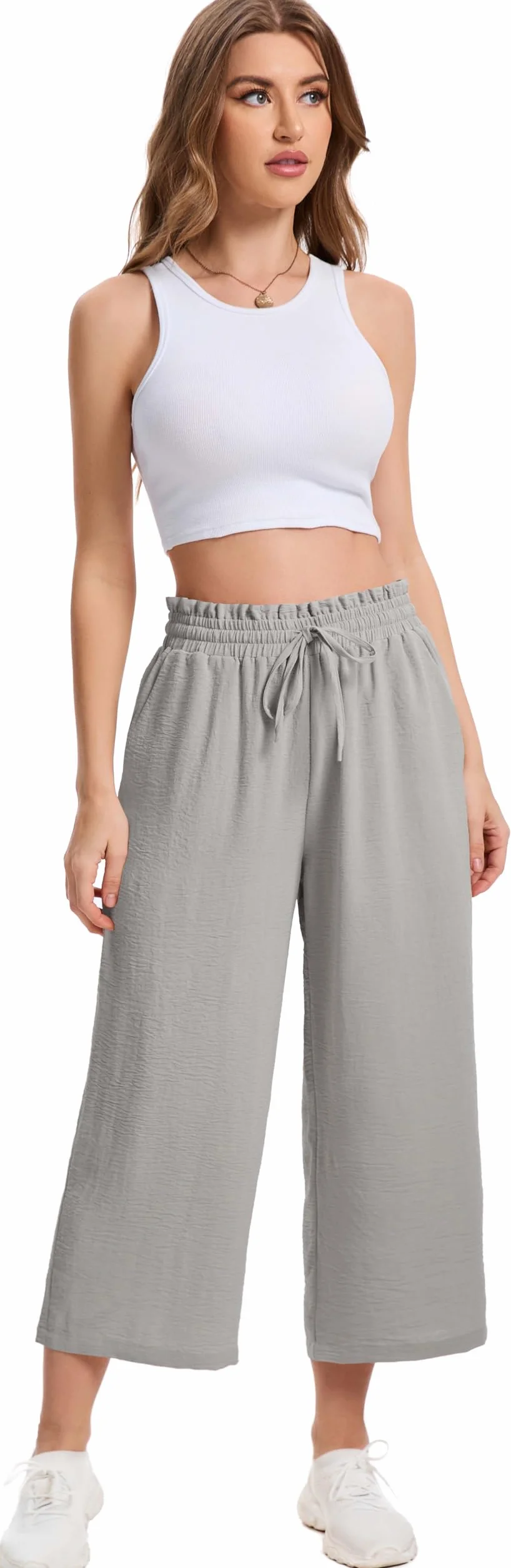 Damskie Spodnie Letnie 3/4 Culotte Wysoki Stan z Falbanką Elastyczną Talią Lekkie Oddychające Spodnie Capri z Kieszeniami dla Kobiet