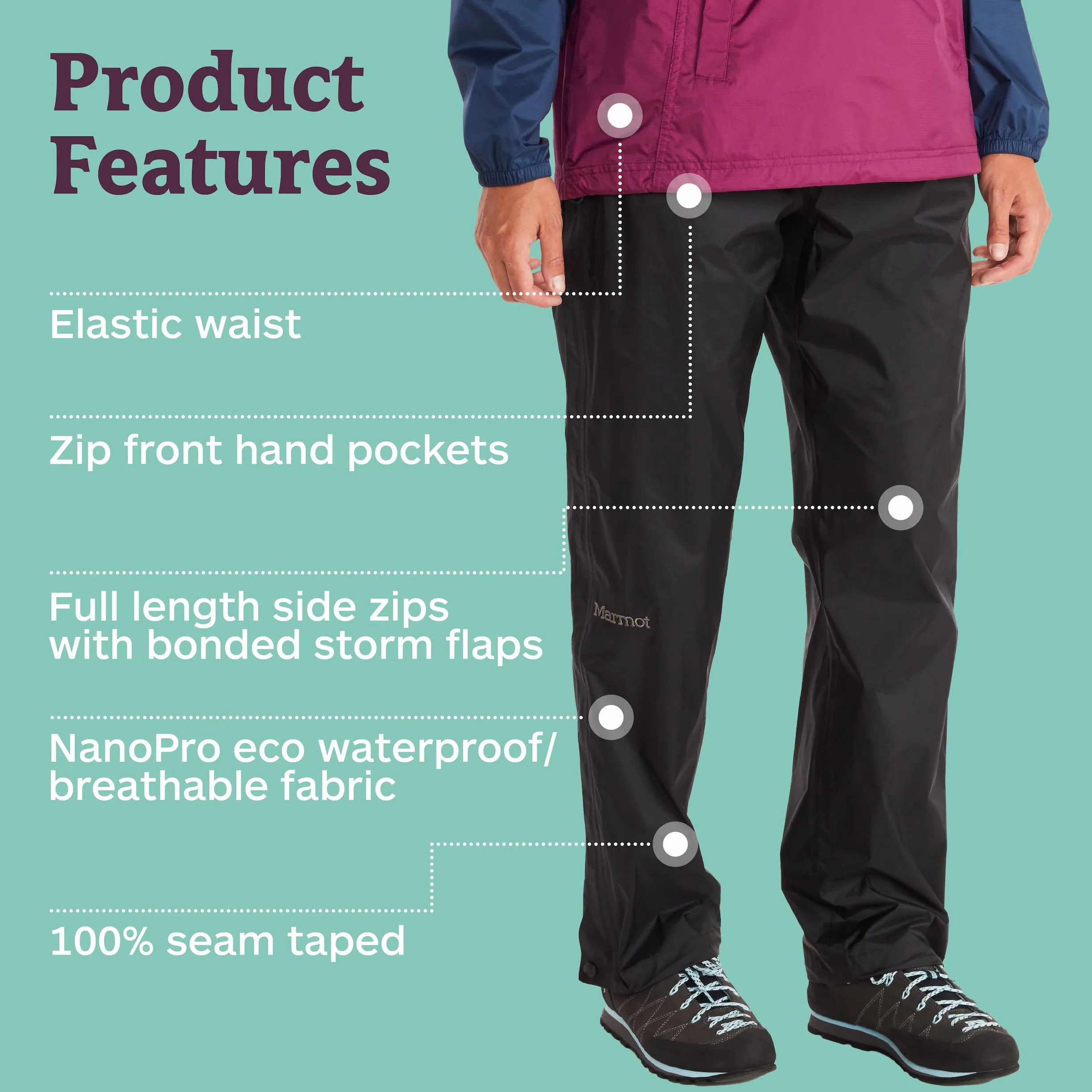 Marmot Wm's PreCip Eco Full Zip Pant - Wodoodporne spodnie przeciwdeszczowe, wiatroszczelne spodnie trekkingowe, oddychająca odzież przeciwdeszczowa na wędrówki i trekking Kobiety