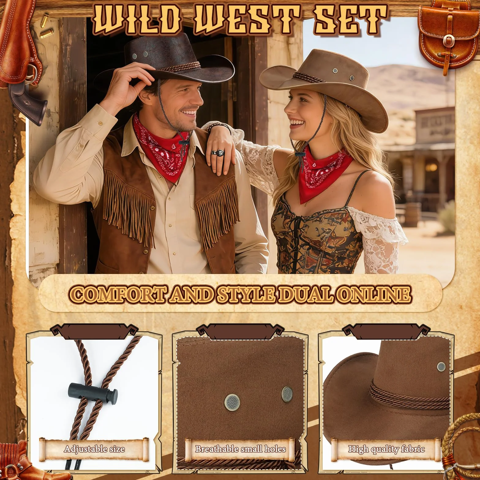 Zestaw 2 sztuk kapelusza kowbojskiego i bandany, western, kostium kowbojski, zestaw akcesoriów z kapeluszami kowbojskimi, bandana Paisley, dla mężczyzn i kobiet, na karnawał, Halloween