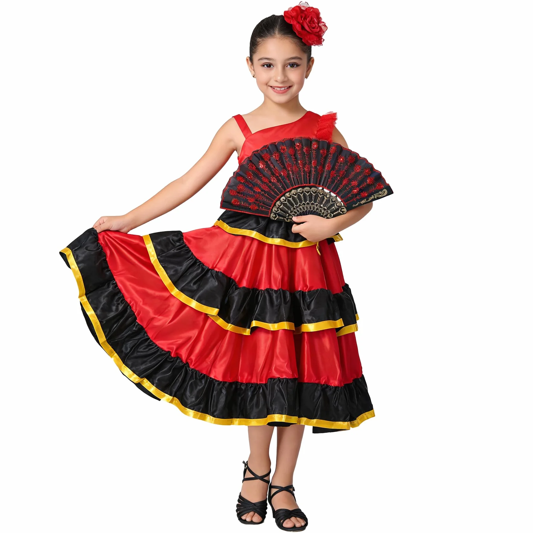 Lolanta Hiszpańska sukienka flamenco z warstwowymi falbankami dla dziewczynek, kostium do tańca w stylu sevillana, z czerwonym kwiatem i składanym wachlarzem, 5-13 lat