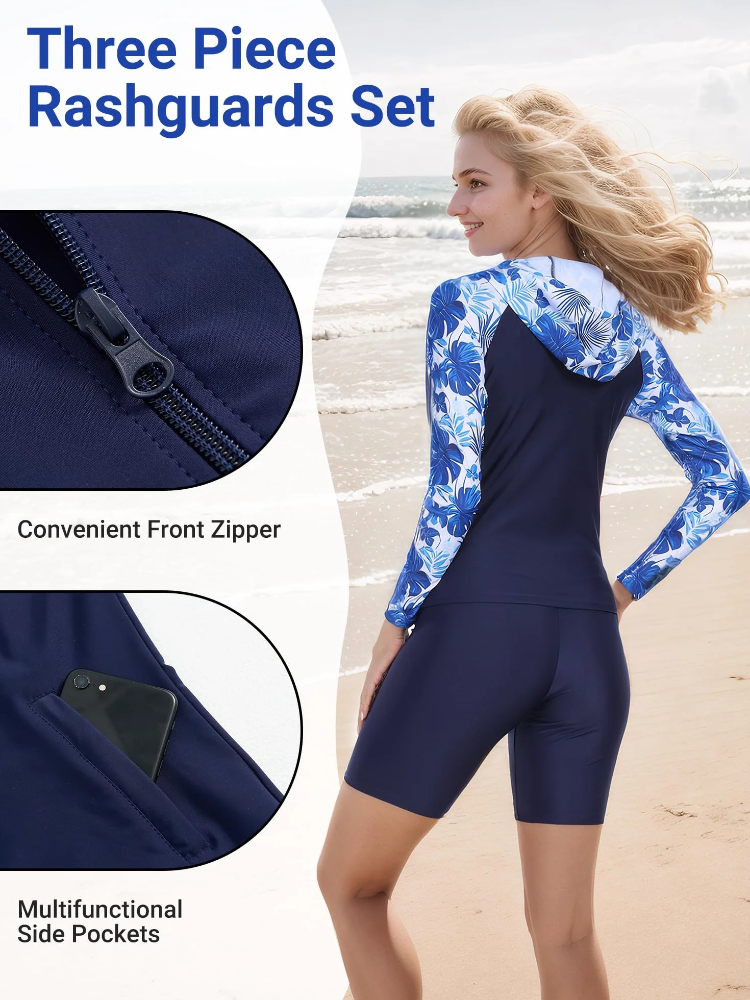 Owntop Damski 3-częściowy zestaw Rash Guard | UPF50+ stroje kąpielowe z kapturem koszulka UV | koszulka z długim rękawem z zamkiem błyskawicznym Rashguard Shirts & Bikini Top i szorty z wysokim stanem