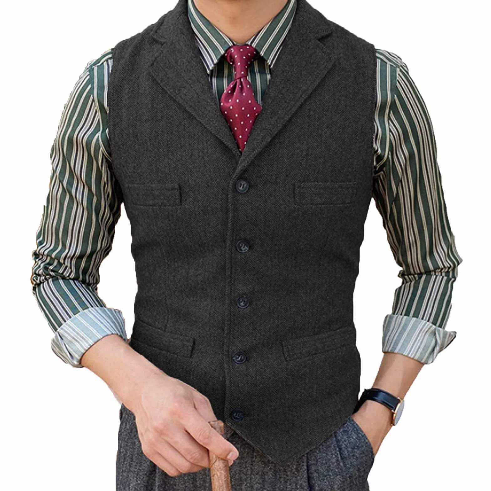Tuikayoo Garnitur męski, kamizelka, slim fit, sukienka wełniana, kamizelka, tweed Herringbone dla świadków