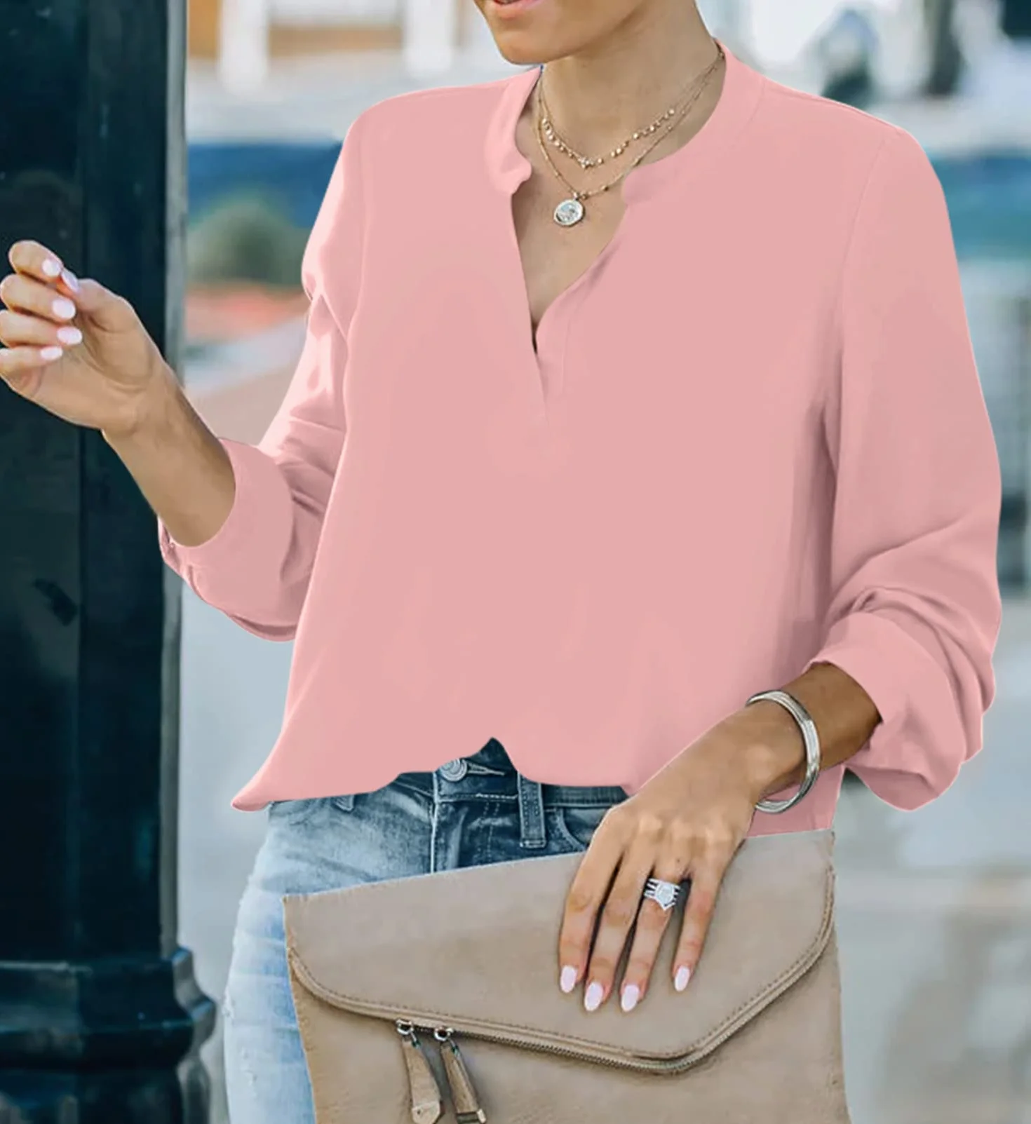Elegancka bluzka damska z dekoltem w kształcie litery V, z długim rękawem, do pracy, na co dzień, tunika, Henley, koszulka z długim rękawem, jednokolorowa, luźna bluzka