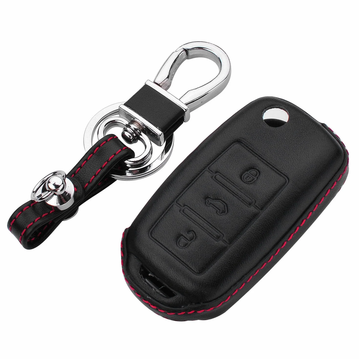 M.JVisun Prawdziwa Skóra Kluczyk Samochodowe Etui na Klucze dla Skoda Citigo Fabia Octavia Rapid Spaceback Roomster Superb Combi Yeti 3 Przyciski Składany Kluczyk Samochodowy - Czarny