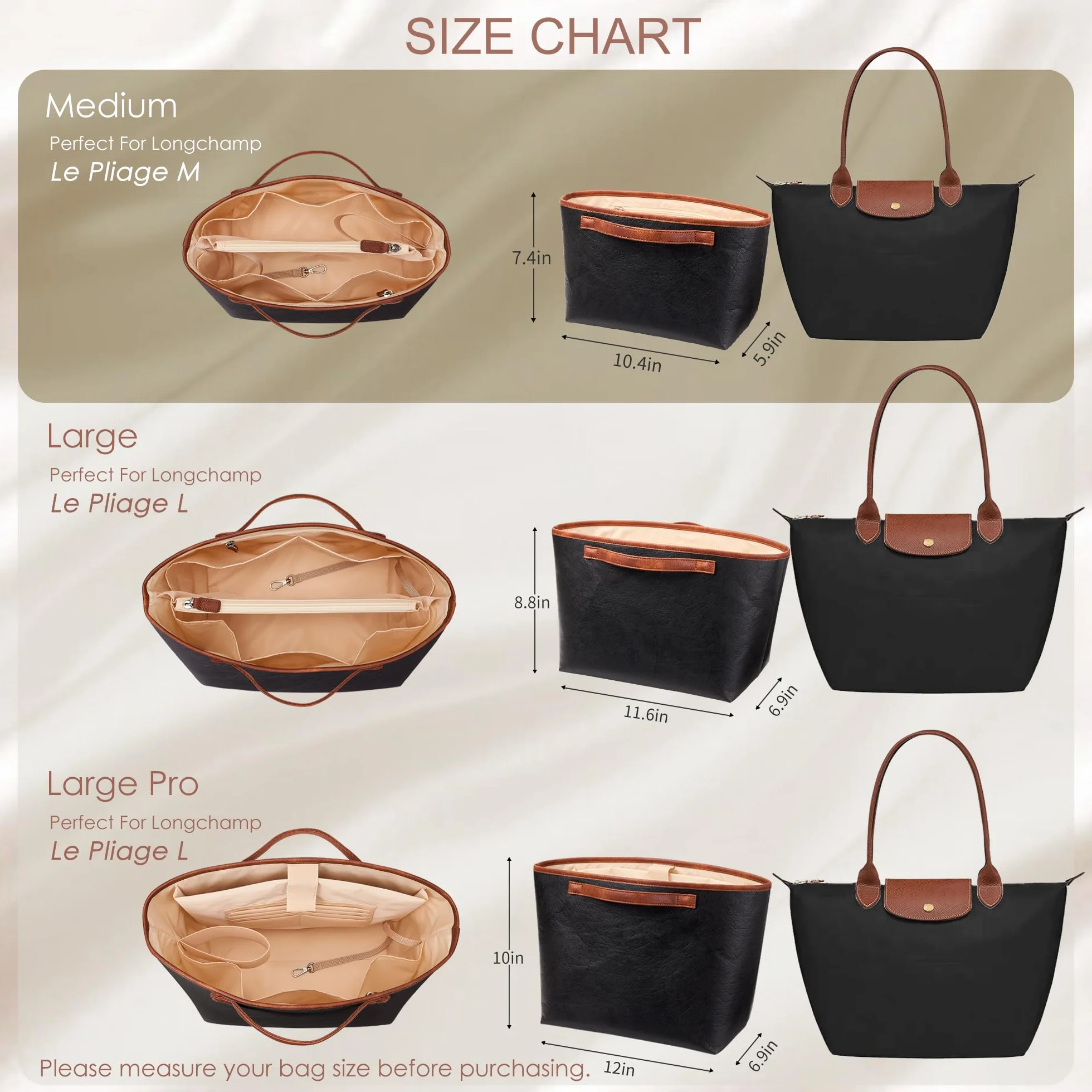 KALIDI Organizer do torby Longchamp Le Pliage M Xtra, ultralekki wodoodporny ulepszony rękaw wewnętrzny przegroda damska torba na ramię torebka torebka, średnia czarna