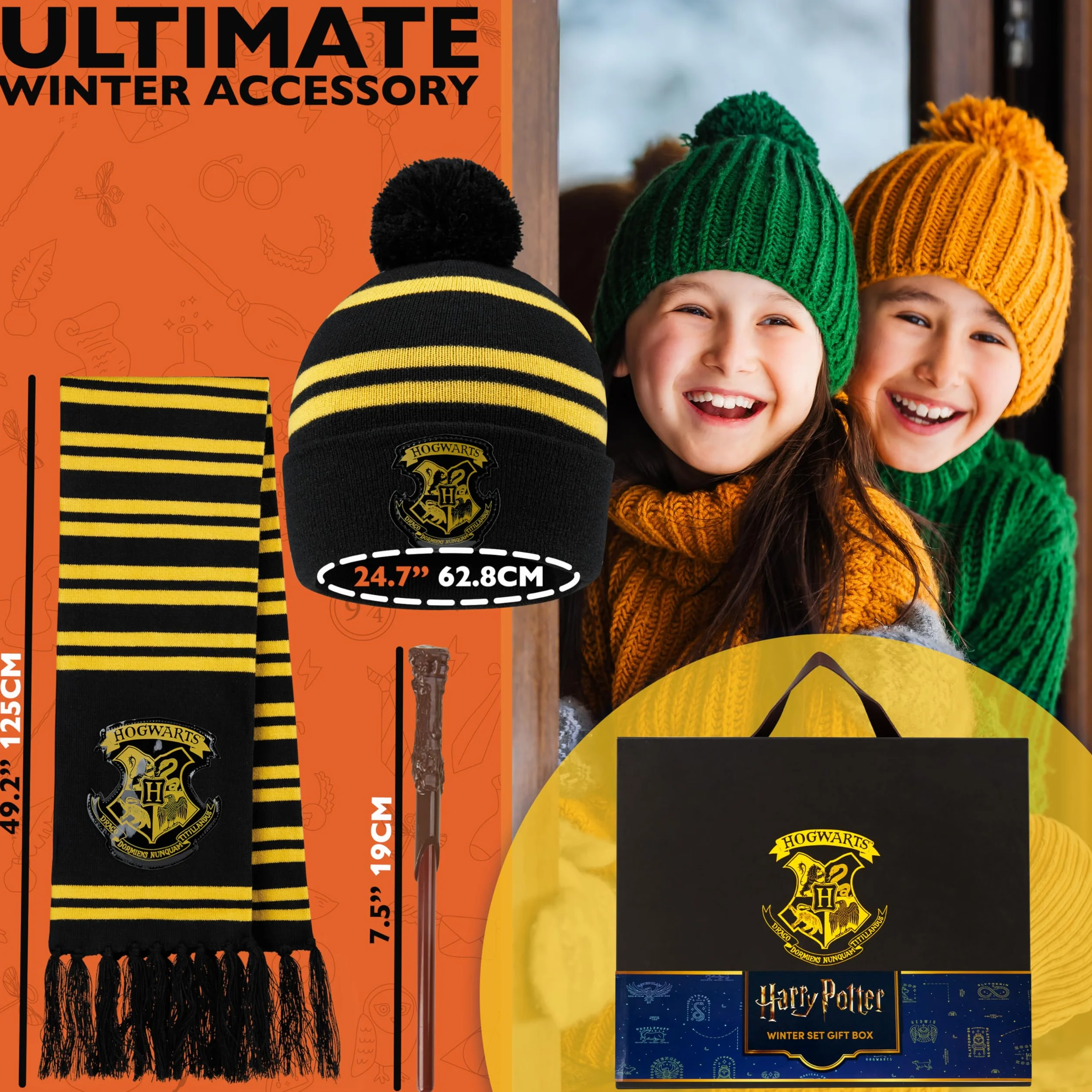 Harry Potter Zestaw zimowy 4 szt. - szalik, czapka beanie, rękawiczki, różdżka dla dzieci - akcesoria do Hogwartu, kostiumy, prezenty dla dzieci