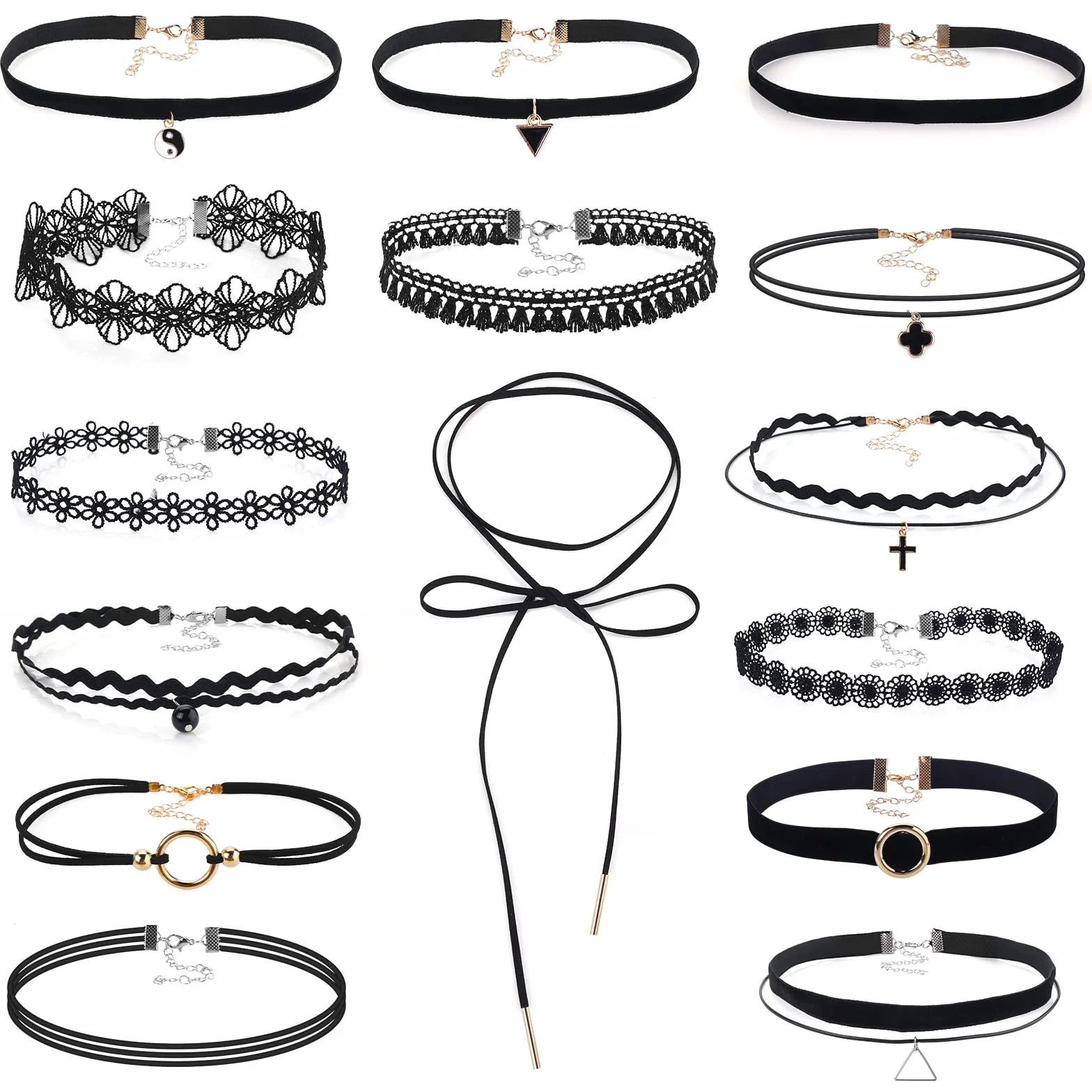 ASTER Zestaw 15 czarnych naszyjników typu choker, dla kobiet, dziewcząt, gotycki kołnierz, koronka, Halloween, Boże Narodzenie