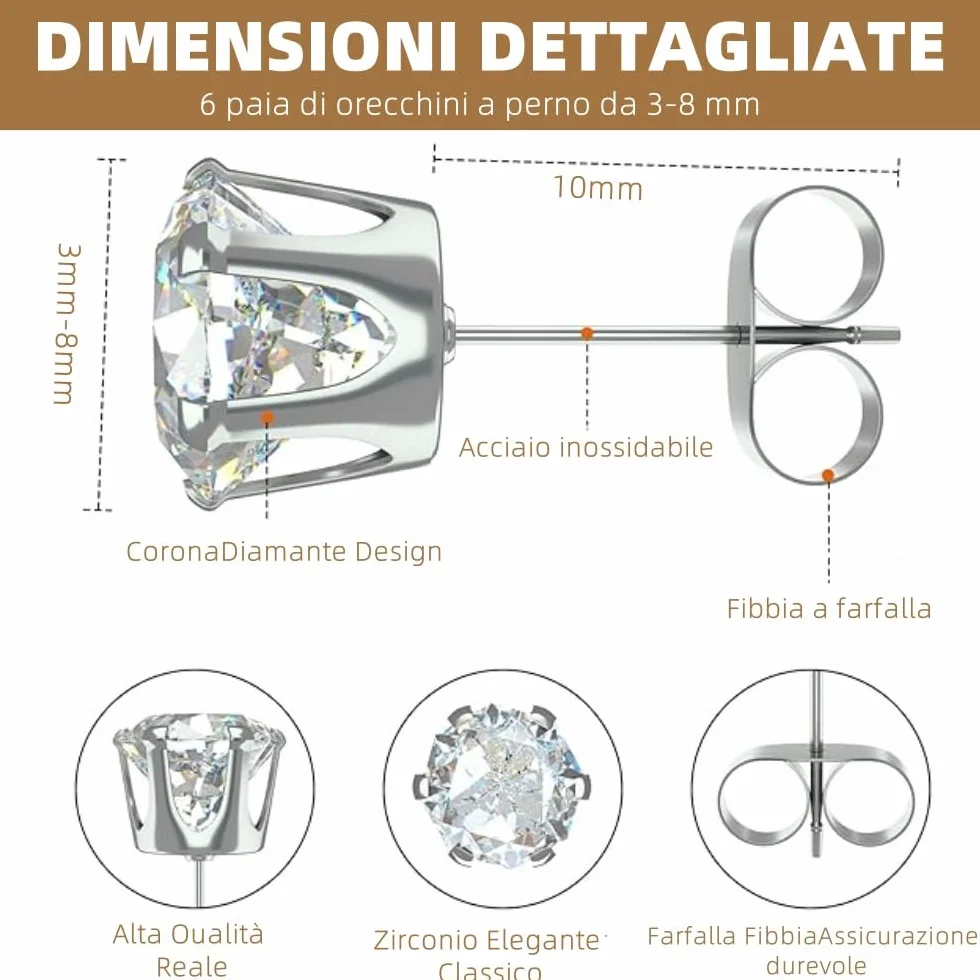 Kolczyki damskie męskie z diamentem, cyrkonia, stal nierdzewna, antyalergiczne, punktowe światło, 3 ~ 8 mm z połyskiem diamentowym