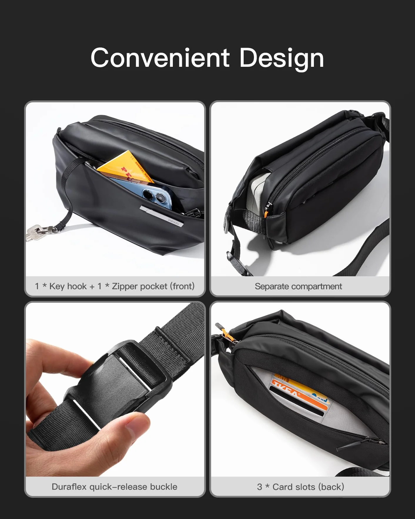Inateck Sling Bag X, kompaktowa torba na klatkę piersiową dla mężczyzn i kobiet, wodoszczelna torba na brzuch, torba na ramię, na co dzień, w podróży, na wędrówki, czarny, 3L, casual