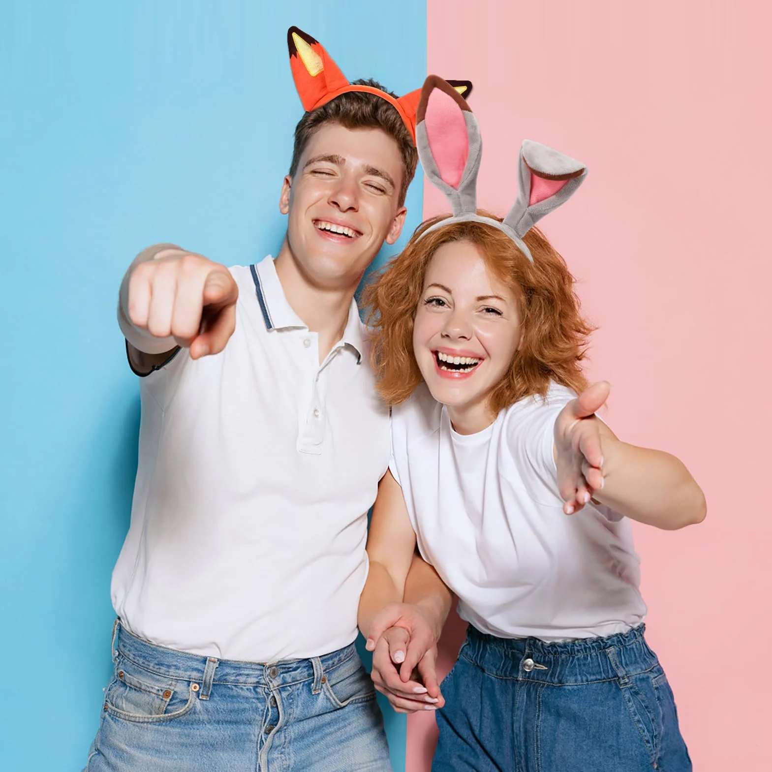 MWOOT Ears królik opaska na głowę, opaska na uszy, królik i lis, 2 sztuki karnawałowy kostium dla pary Cosplay, śliczne pluszowe uszy dla kobiet mężczyzn