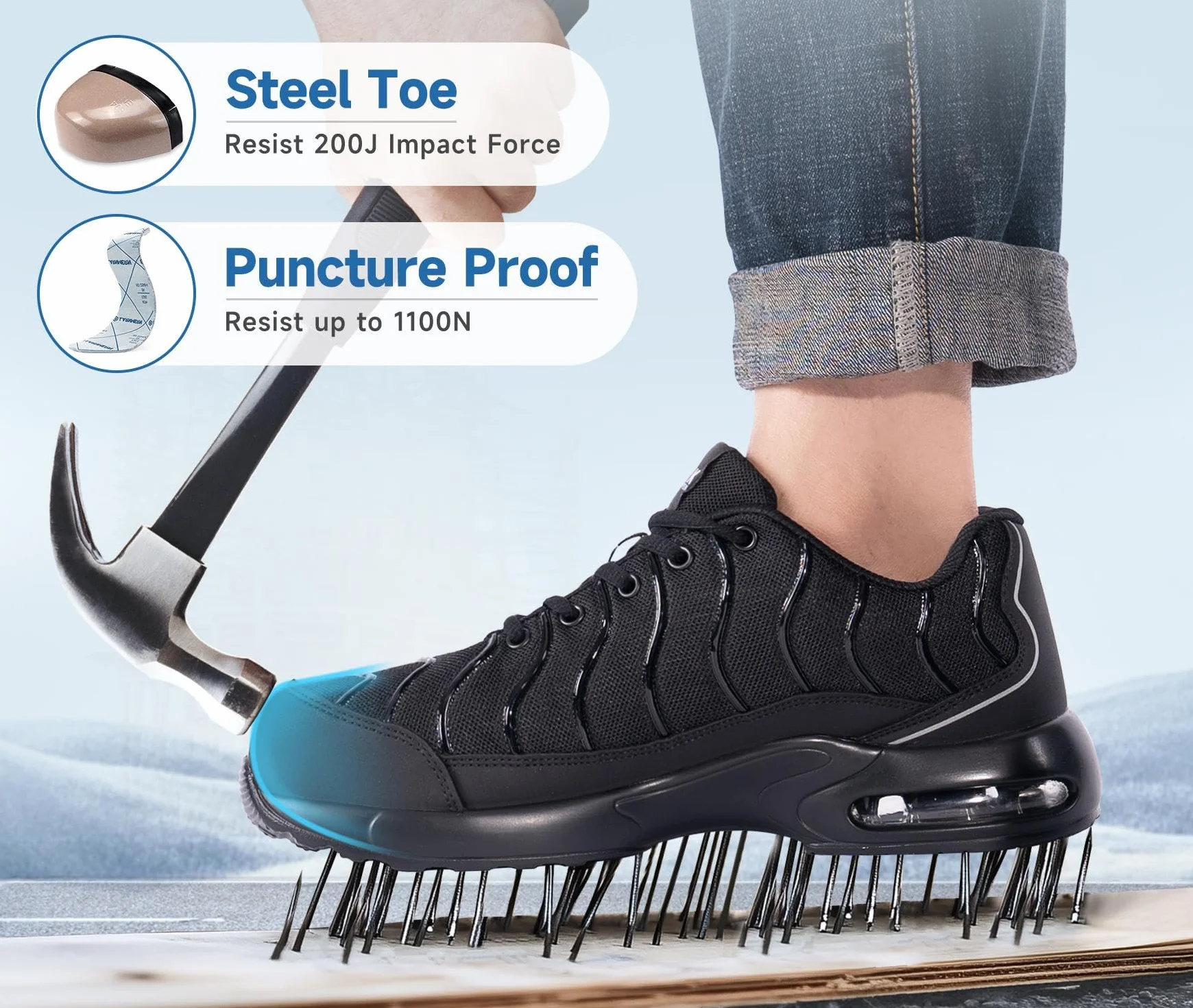 LARNMERN Męskie lekkie buty ochronne ze stalowymi noskami, wygodne buty ochronne, buty robocze, oddychające, obuwie robocze, odporne na przebicie, poduszka powietrzna