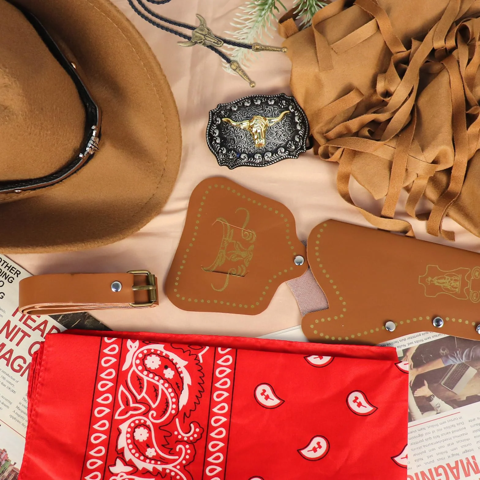 5-częściowy zestaw kostiumu kowbojskiego westernu, kostium kowbojski, fantazyjna sukienka z kamizelką, kapelusz z szerokim rondem, bandana, głowa byka, naszyjnik dla dorosłych mężczyzn, karnawał