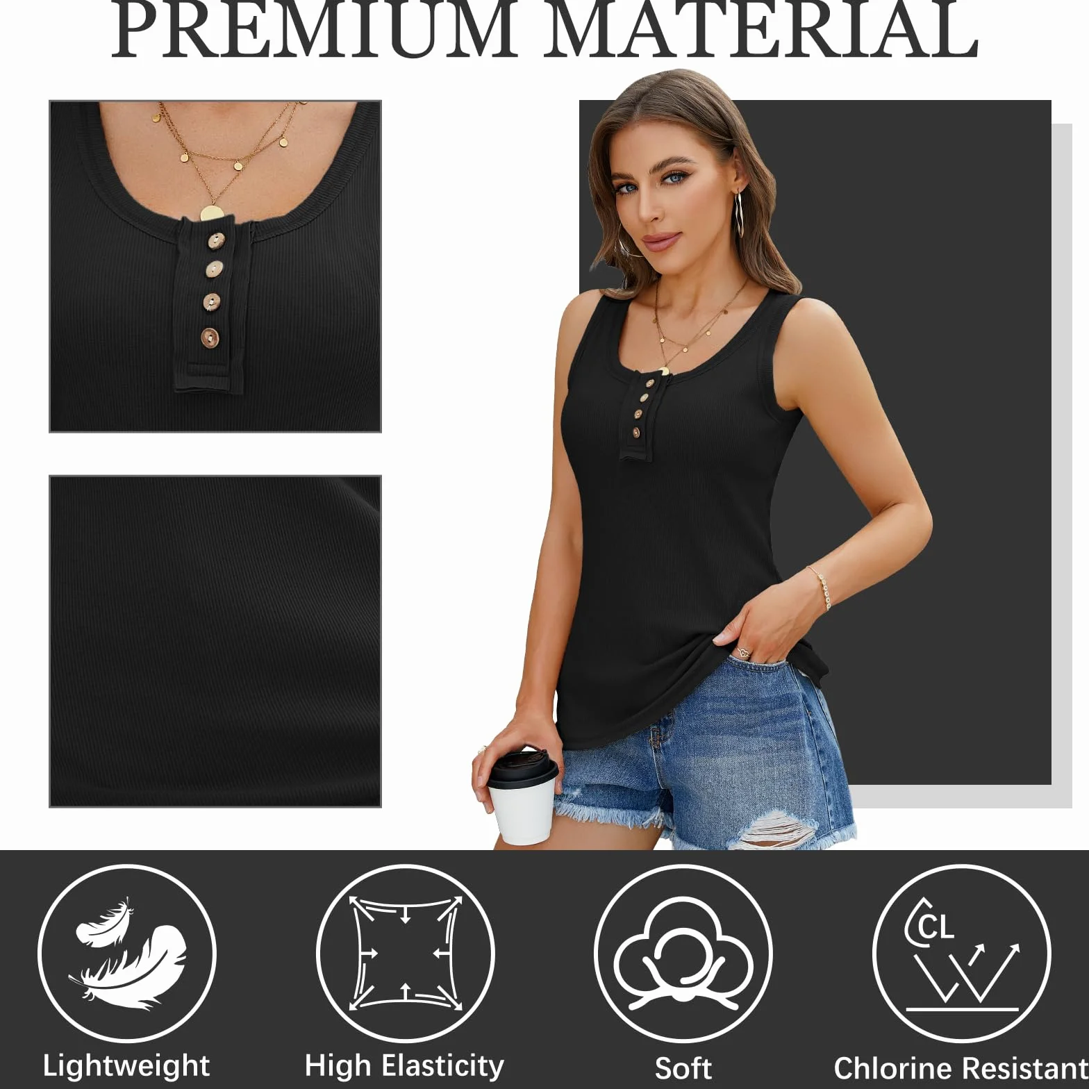 Letnia elegancka bawełniana koszulka z dekoltem w kształcie litery U, w jednolitym kolorze, seksowny top w stylu casual, bez rękawów, luźny krój