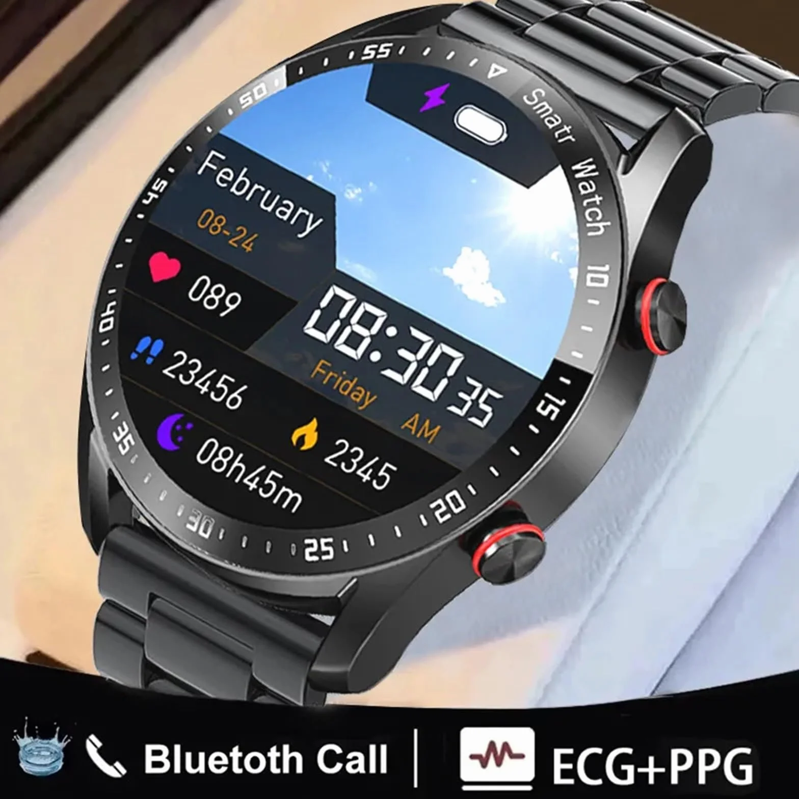 EKG + PPG Inteligentny Zegarek Bluetooth Call Męski W Pełni Dotykowy Zegarek Sportowy Monitor Zdrowia Męski Smartwatch Wodoodporny Dla Androida IOS (Color : Silver silicone band)