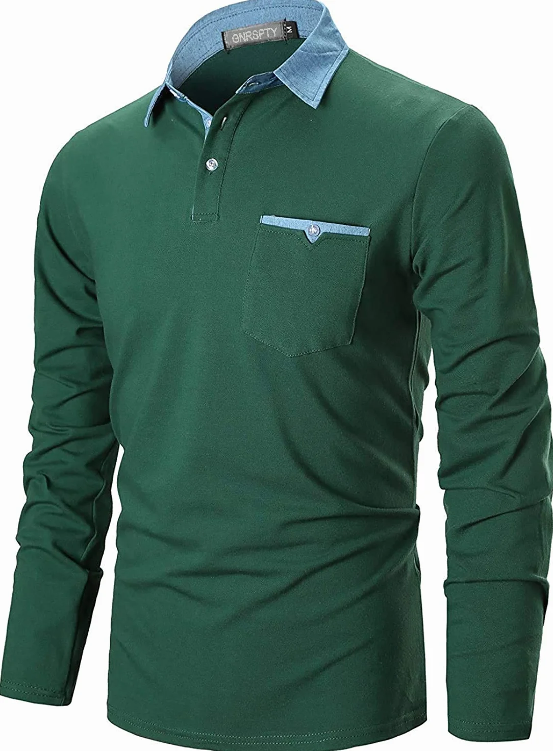 Męska koszulka polo z długim rękawem, Basic, denim, do szycia, casual, bawełniana, do golfa, tenisa, koszulki polo, zielony, L