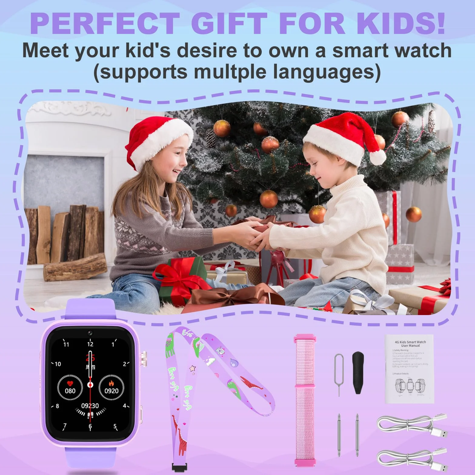 OKYUK Smartwatch 4G dla dzieci, lokalizator GPS, wiele stylów pulpitu do wyboru, połączenia dwukierunkowe, kompetencje obrazu, SOS, Wi-Fi, wodoodporny ekran dotykowy dla 4-12 chłopców i dziewcząt (T45