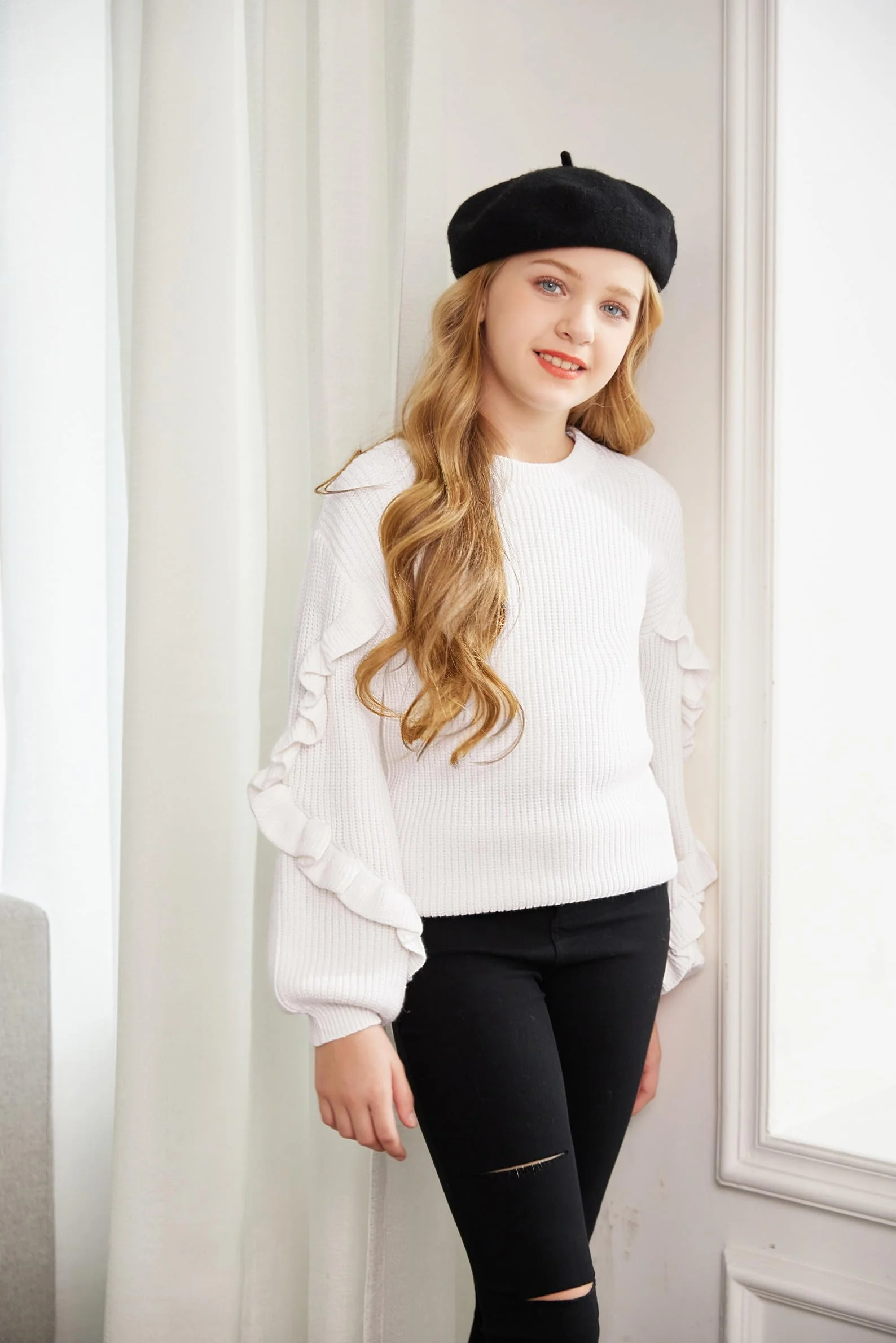 Arshiner Dziewczęcy sweter lampion rękaw dziecięcy dzianinowy ciepły sweter luźny okrągły dekolt sweter top zimowy z długim rękawem dla dziewcząt 7-14 lat