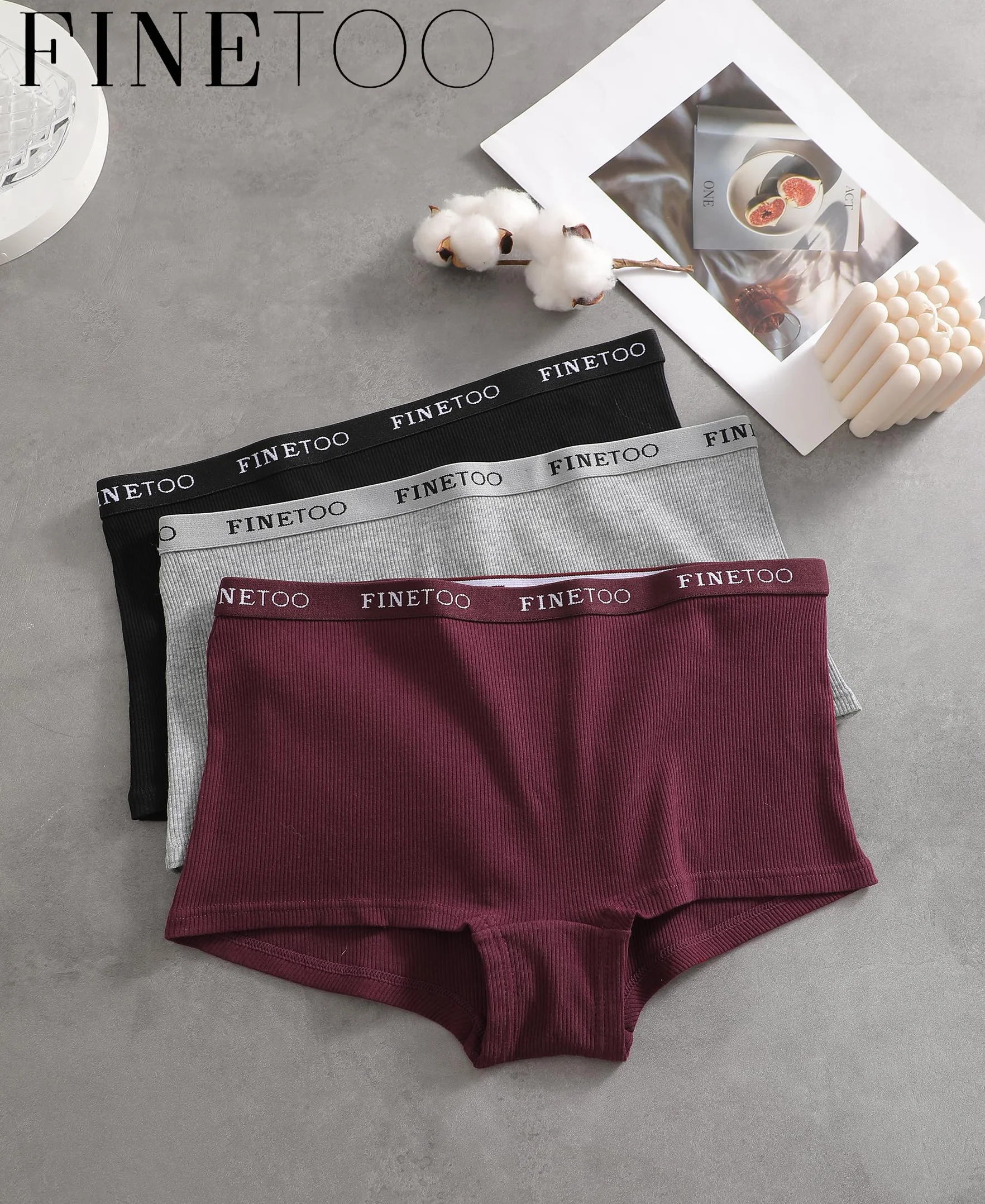 FINETOO Bokserki damskie, bawełna, bielizna damska, hipsterskie, miękkie majtki, 3 sztuki, S-XL, S