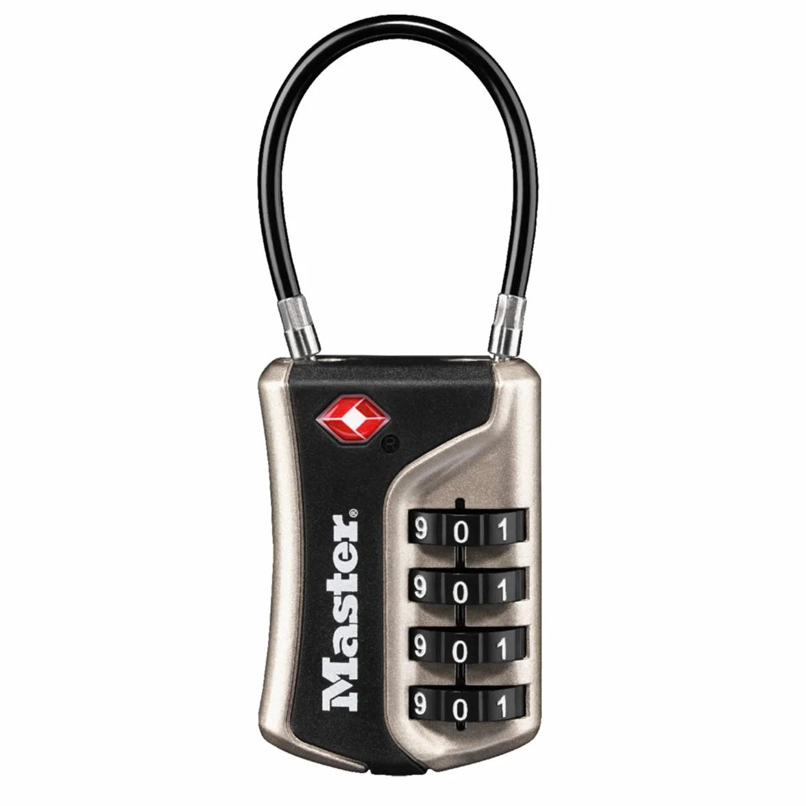 Master Lock 4697EURDNKL TSA zamek szyfrowy z elastycznym pałąkiem, nikiel, 9,3 x 3,6 x 1,5 cm
