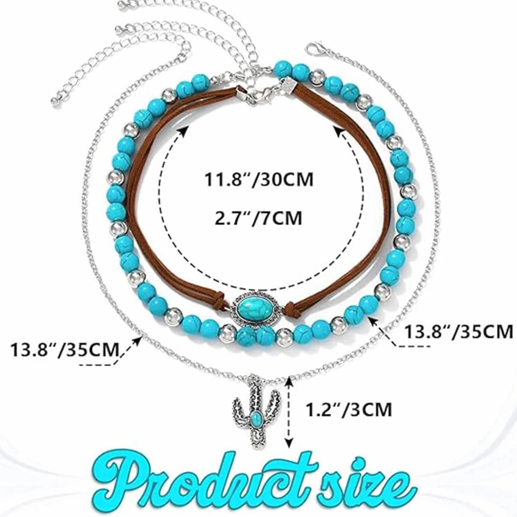 Naszyjnik w stylu boho w kolorze turkusowym, srebrnymi perłami, choker, łańcuszek warstwowy, biżuteria dla kobiet