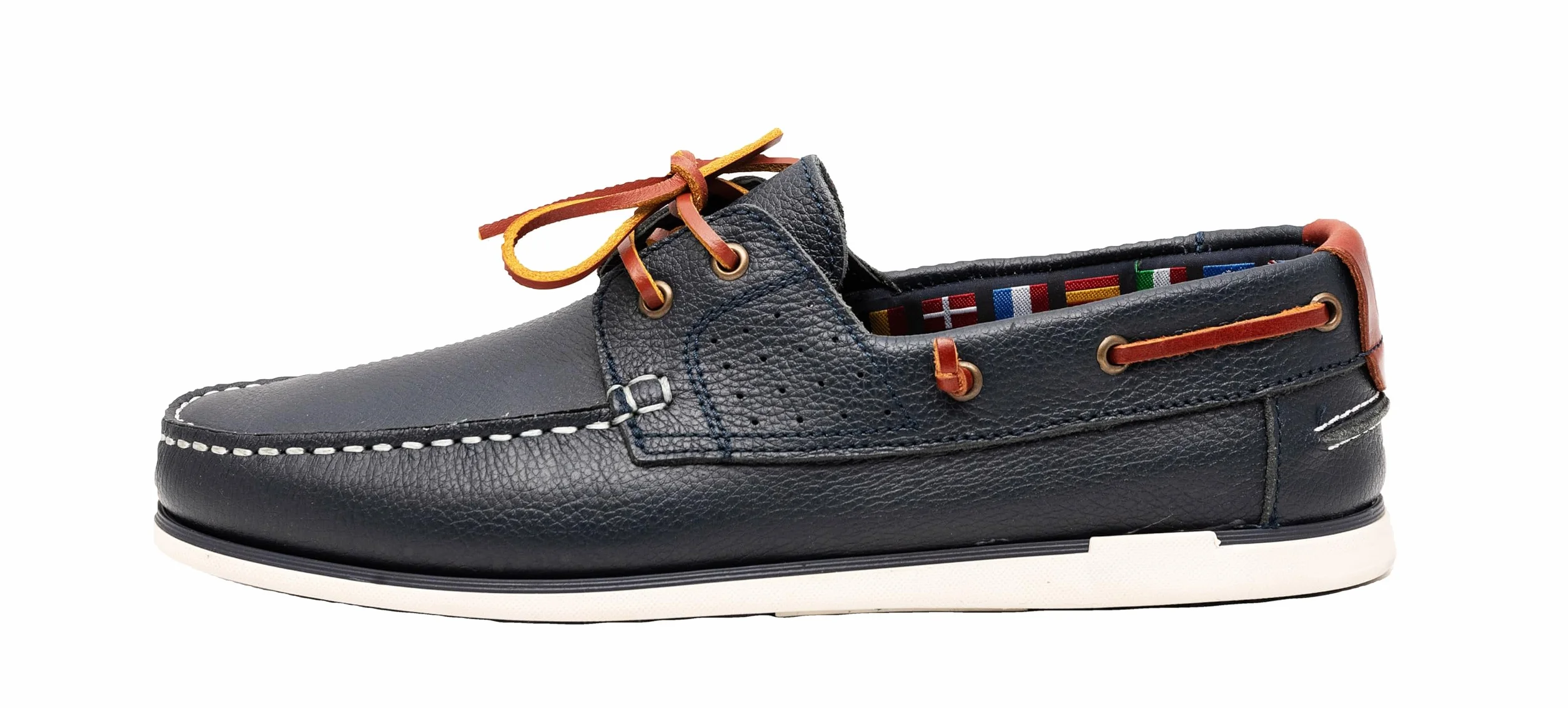 Buty żeglarskie męskie, z prawdziwej skóry, płaskie mokasyny ze skórzanym sznurowaniem, ciemnoniebieskie i brązowe, 2 Eye Boat Shoes