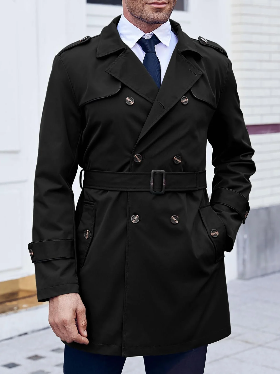 Runcati Męski trencz, slim fit, dwurzędowy, średniej długości, klasyczny biznesowy, casualowy, jesienny, wiatroszczelny płaszcz
