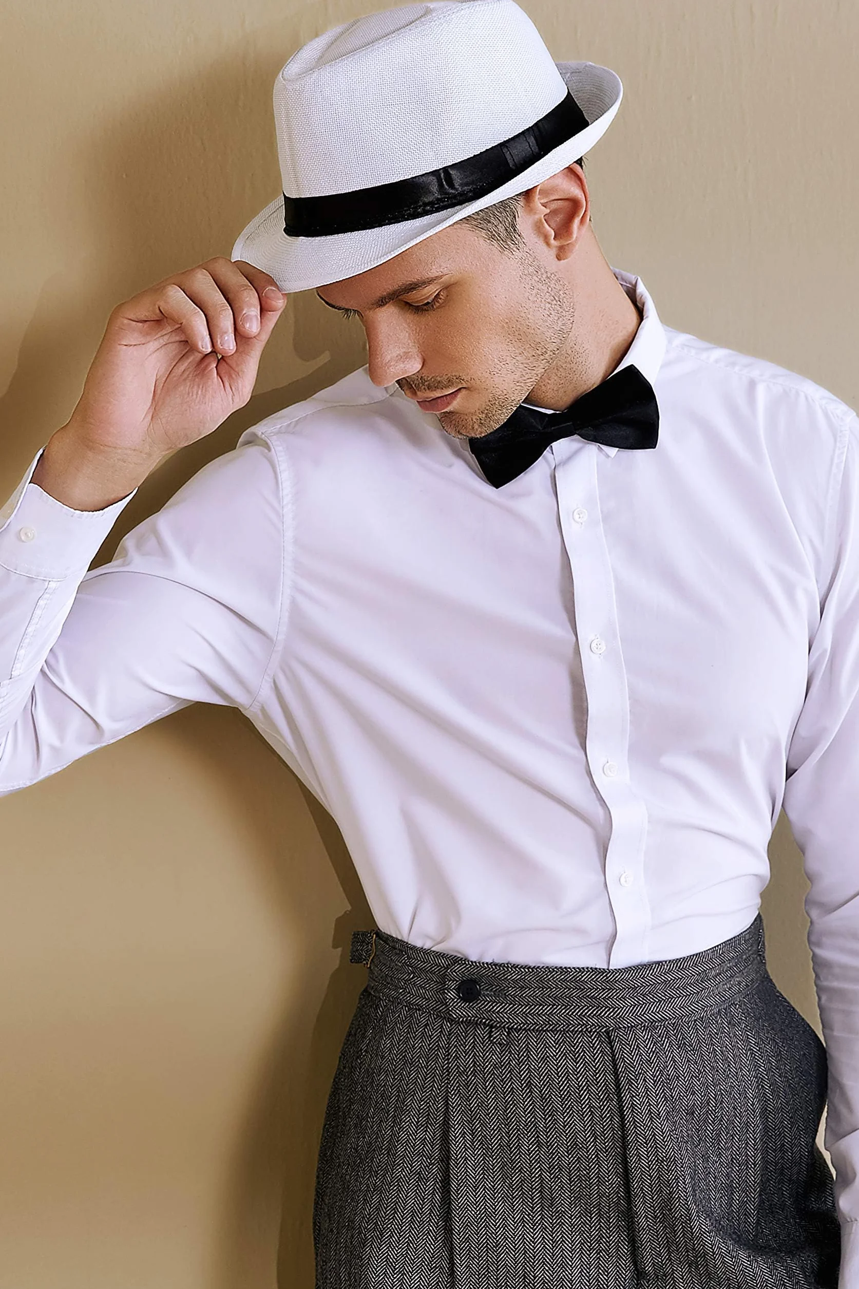 Coucoland Kapelusz Panama Mafia Gangster męski Fedora Trilby Bogart kapelusz męski z lat 38. XX wieku, kostium Gatsby, oryginalny