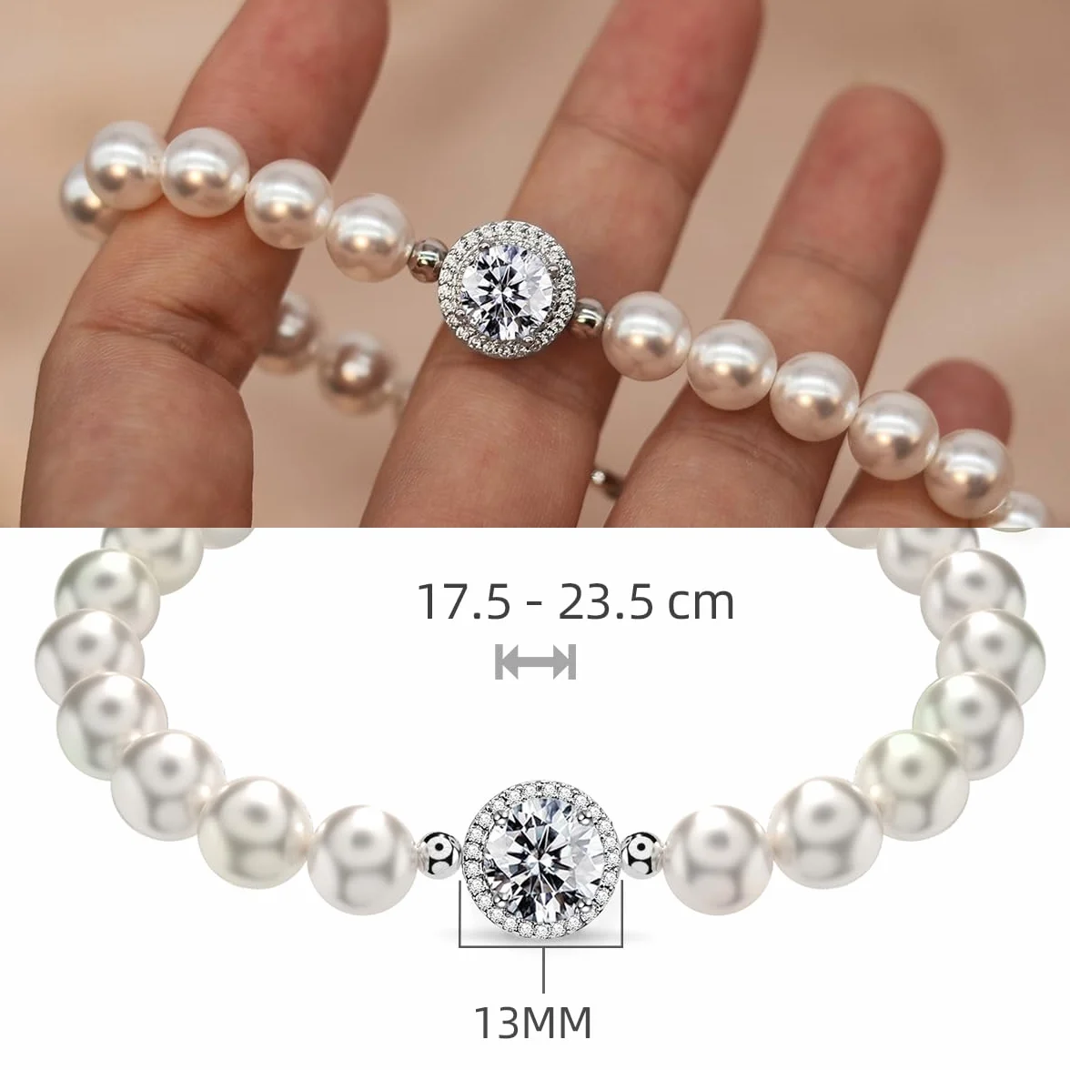 Moissanite pearl bracelet with 2CT lab-grown moissanite diamonds, 18K gold plated, adjustable freshwater pearl bracelet.