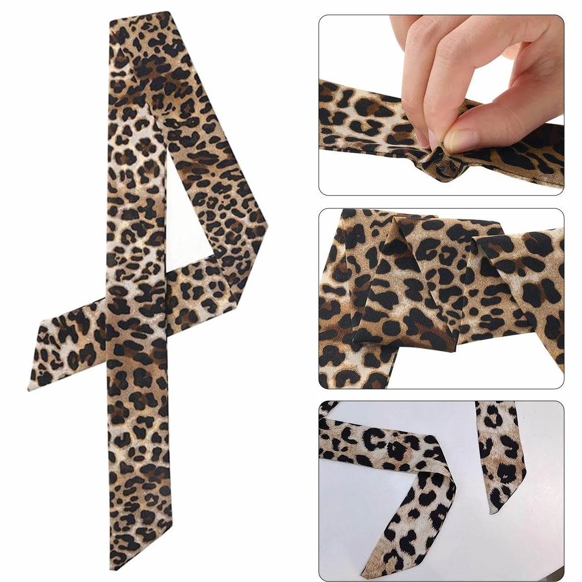 Cerioll Damski szalik skinny scarf, modna opaska na czoło, chusta na szyję, damski szal z lampartem, wąski jedwabny szalik, satynowa wstążka, jedwabna chusta krawat, ozdoba głowy, szal do włosów