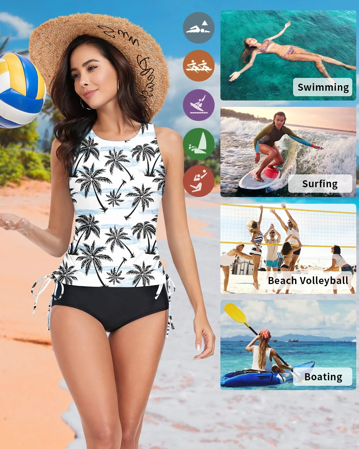 WOWENY Damska koszulka typu tankini, tank top, moda kąpielowa, crossback, pasek do pływania, top szybkoschnący, na lato, wyściełany strój kąpielowy